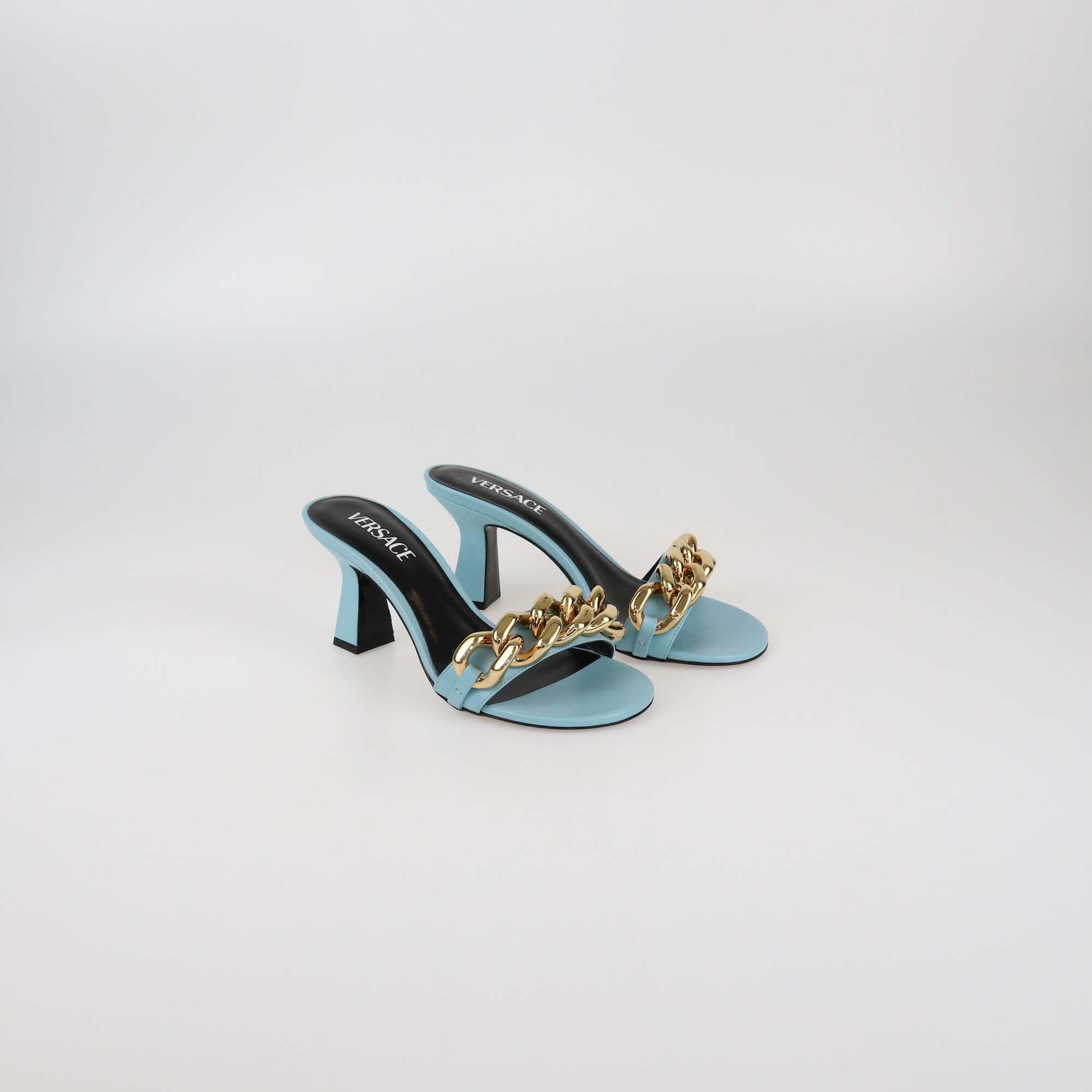 Versace Light Blue Medusa Chain Heels Sandals Womens Versace