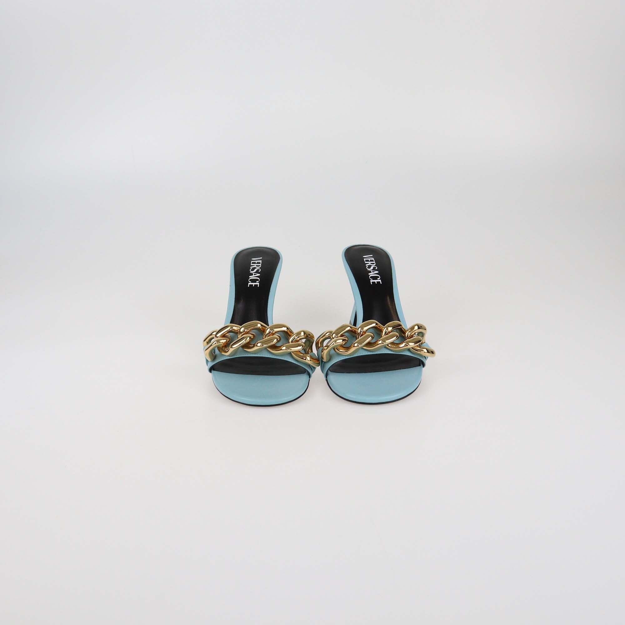 Versace Light Blue Medusa Chain Heels Sandals Womens Versace