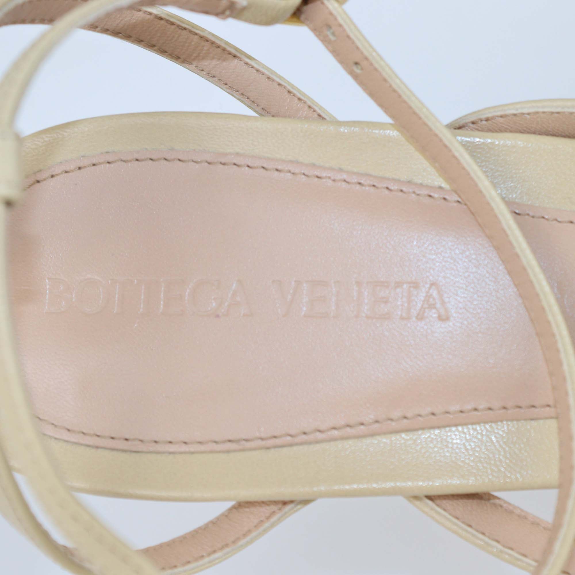 Bottega Veneta Beige Leather Stretch Ankle Strap Mid Heel Sandals