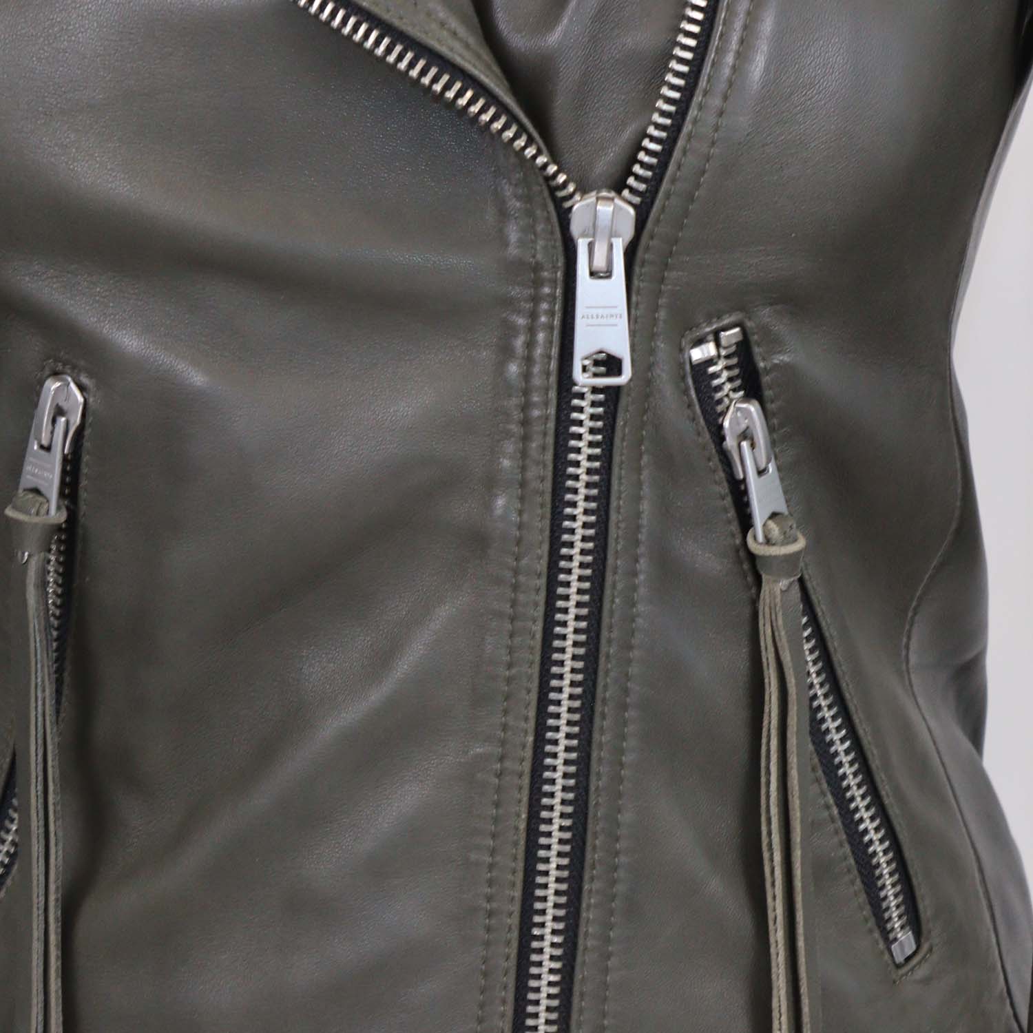 All Saints Army Green Leather Dalby Biker Jacket