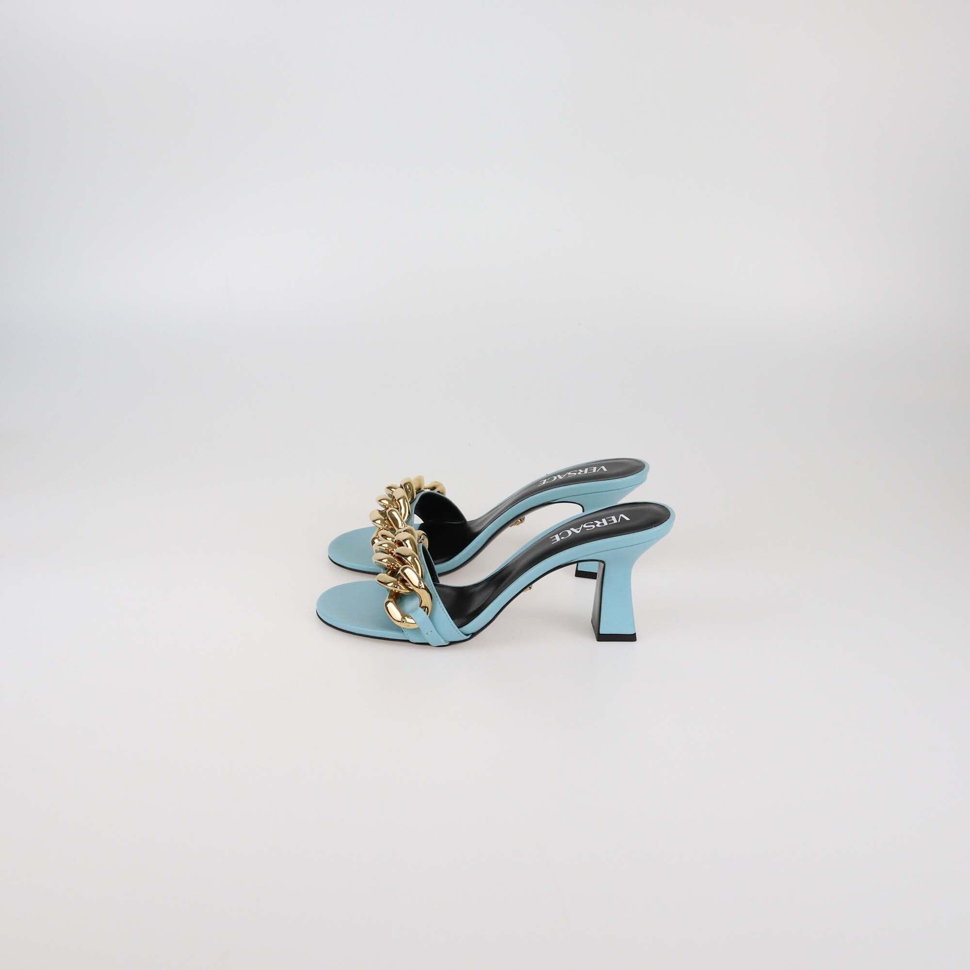 Versace Light Blue Medusa Chain Heels Sandals Womens Versace