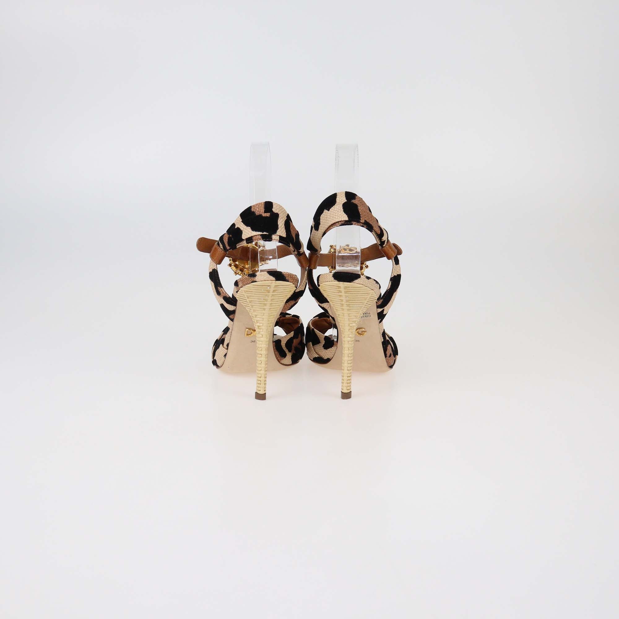 Dolce & Gabbana Brown Leopard Print Straw and Leather Bianca Ankle Strap Sandals