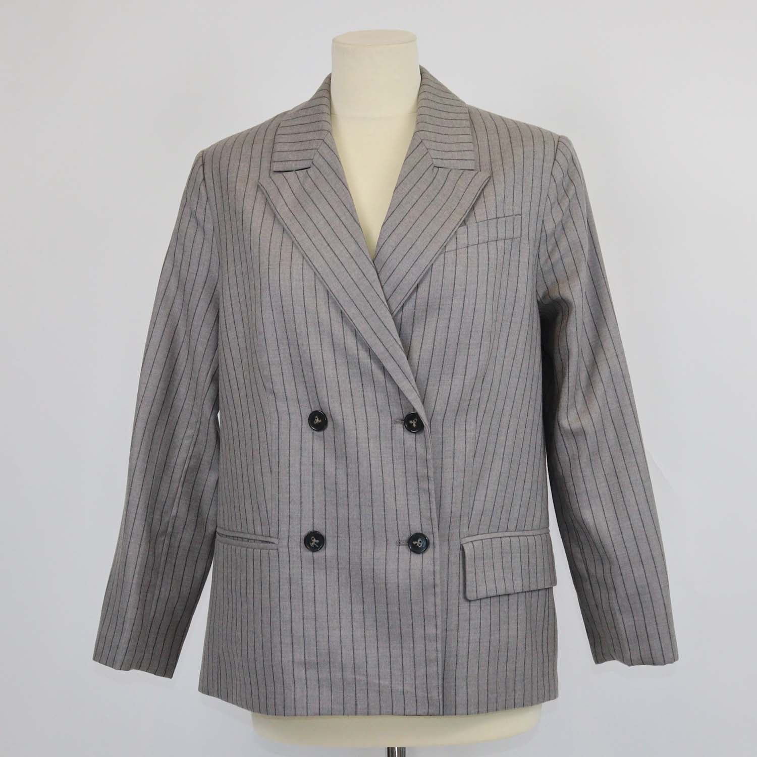 12 Storeez Grey Wool Striped Double Breasted Blazer