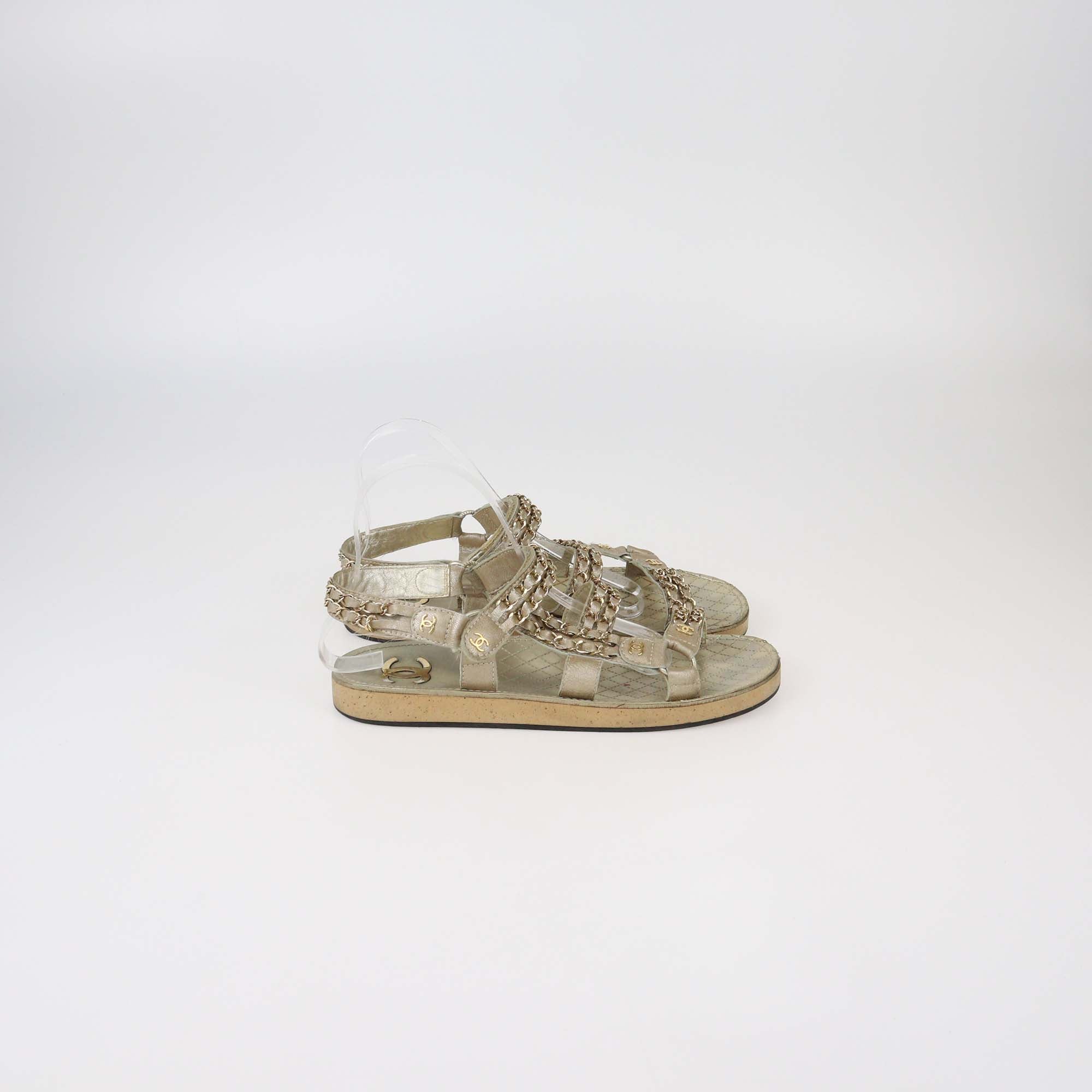 Chanel Green Metallic Beige Leather CC Chain Link Flat Sandals