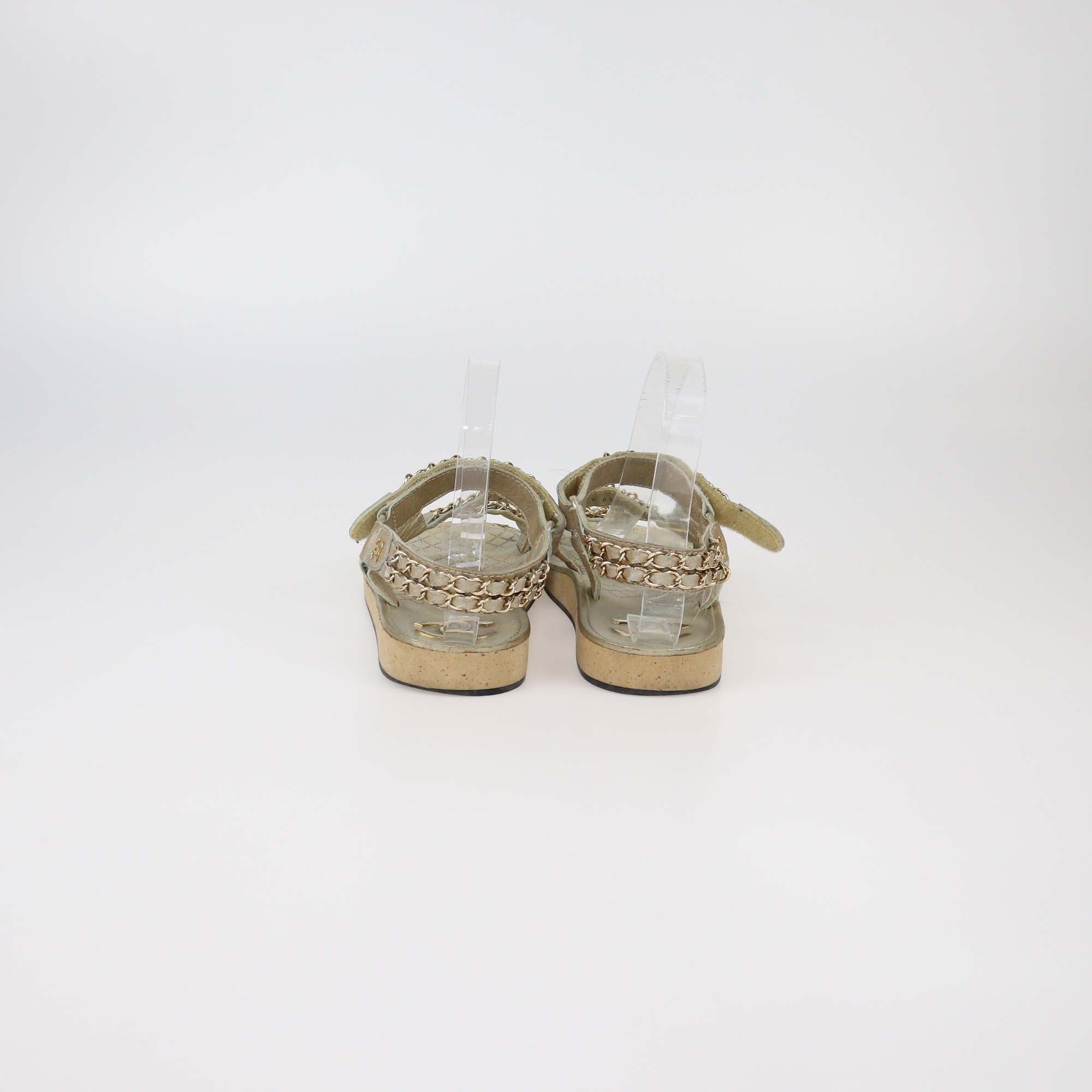 Chanel Green Metallic Beige Leather CC Chain Link Flat Sandals