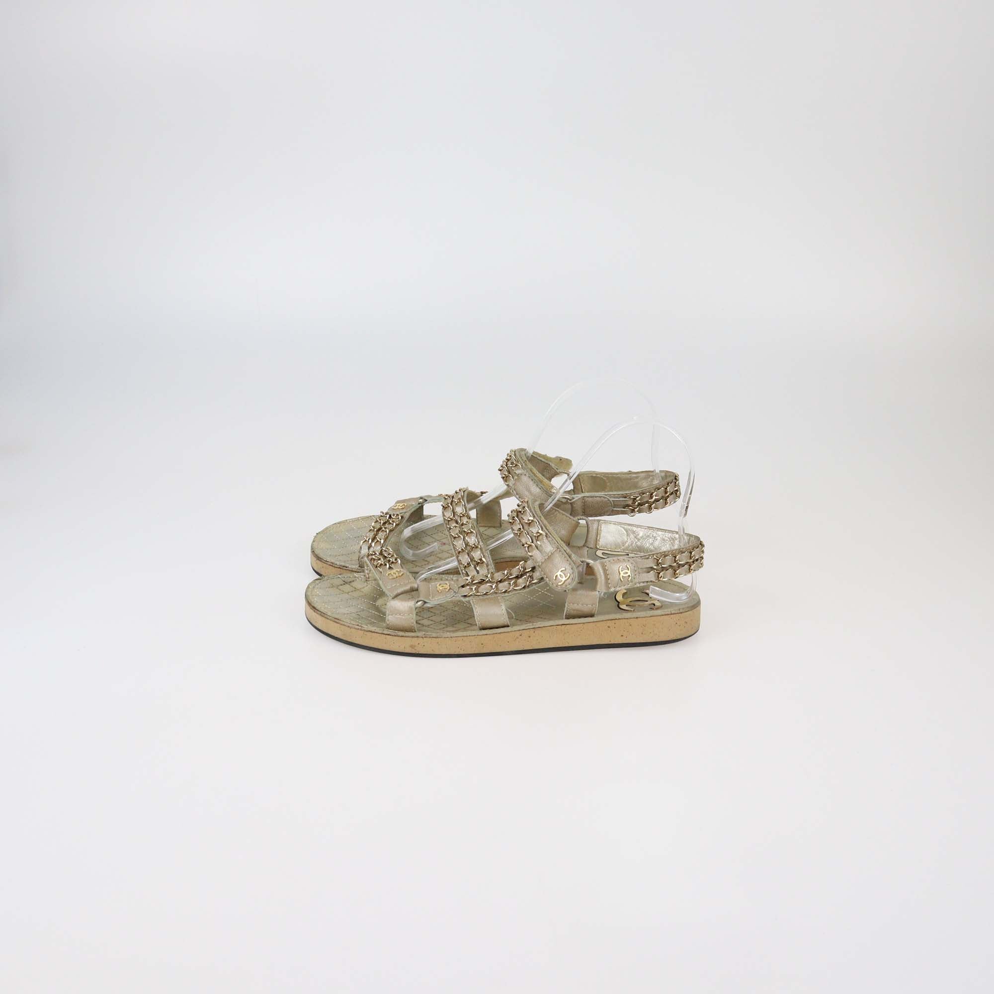 Chanel Green Metallic Beige Leather CC Chain Link Flat Sandals