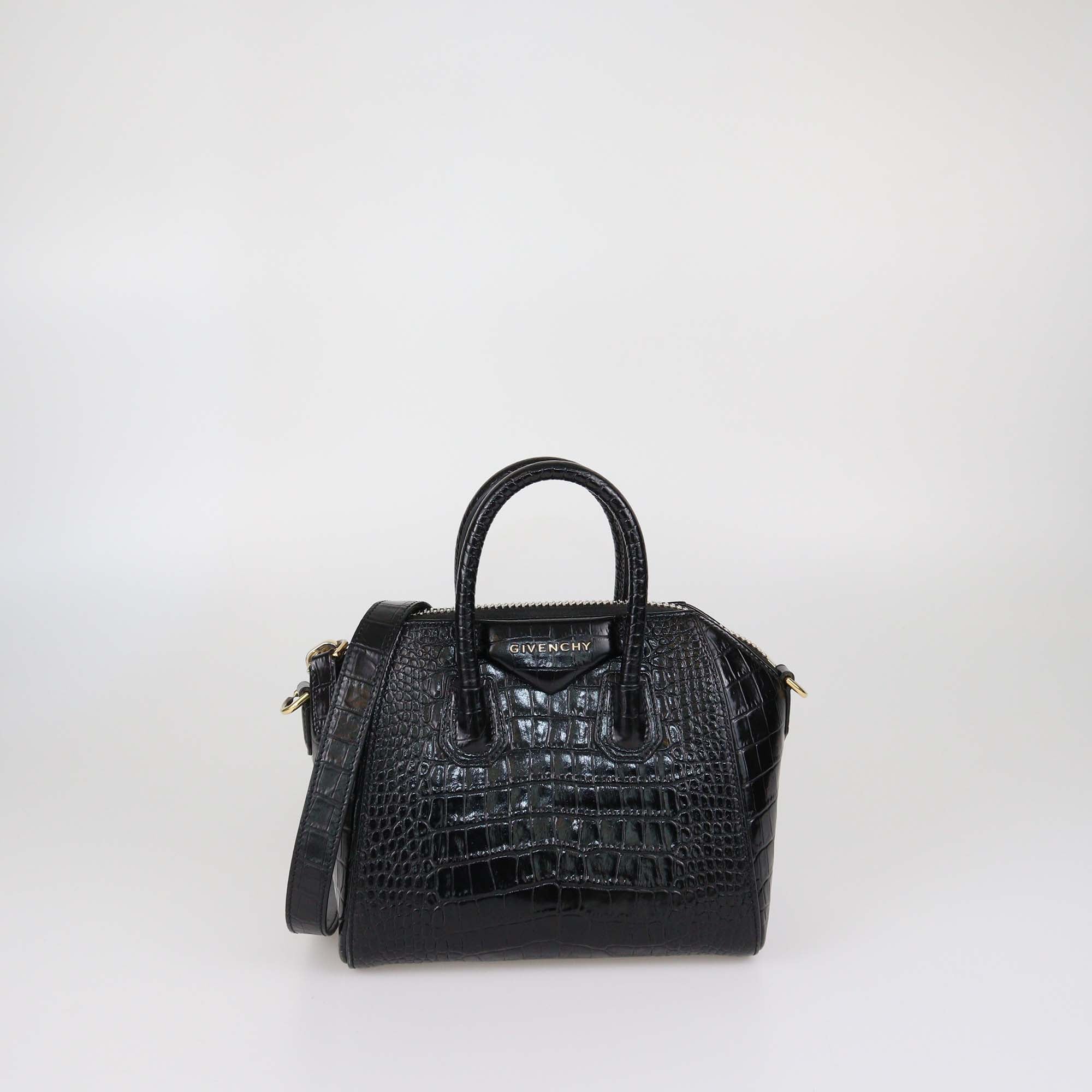 Givenchy Black Croc Embossed Leather Mini Antigona Satchel