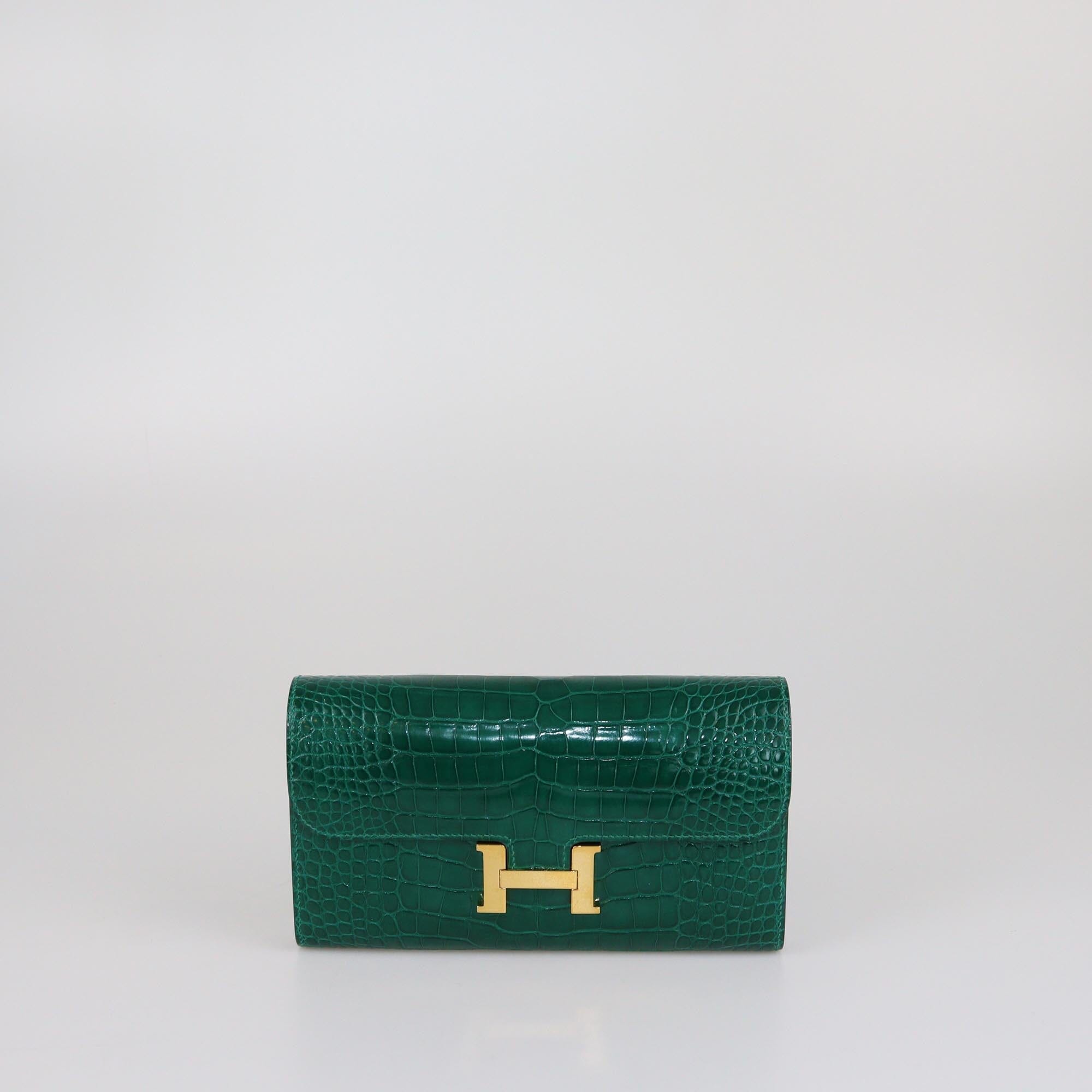 Hermes Vert Emeraude Shine Mississippi Alligator Long Constance Wallet Womens Hermes