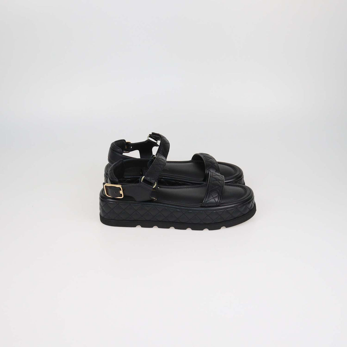 Chanel Black Quilted Leather Velcro Platform Sandals