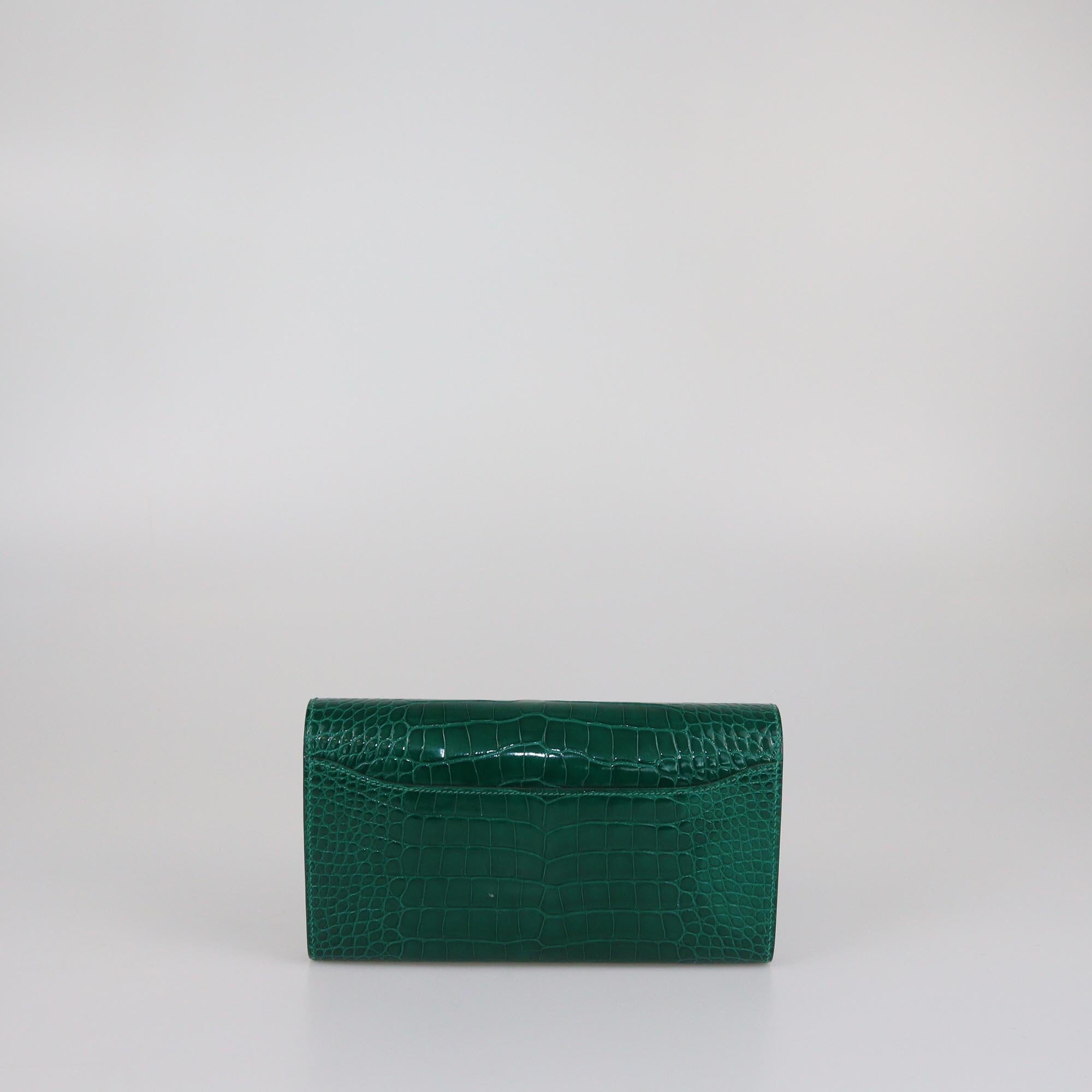 Hermes Vert Emeraude Shine Mississippi Alligator Long Constance Wallet Womens Hermes