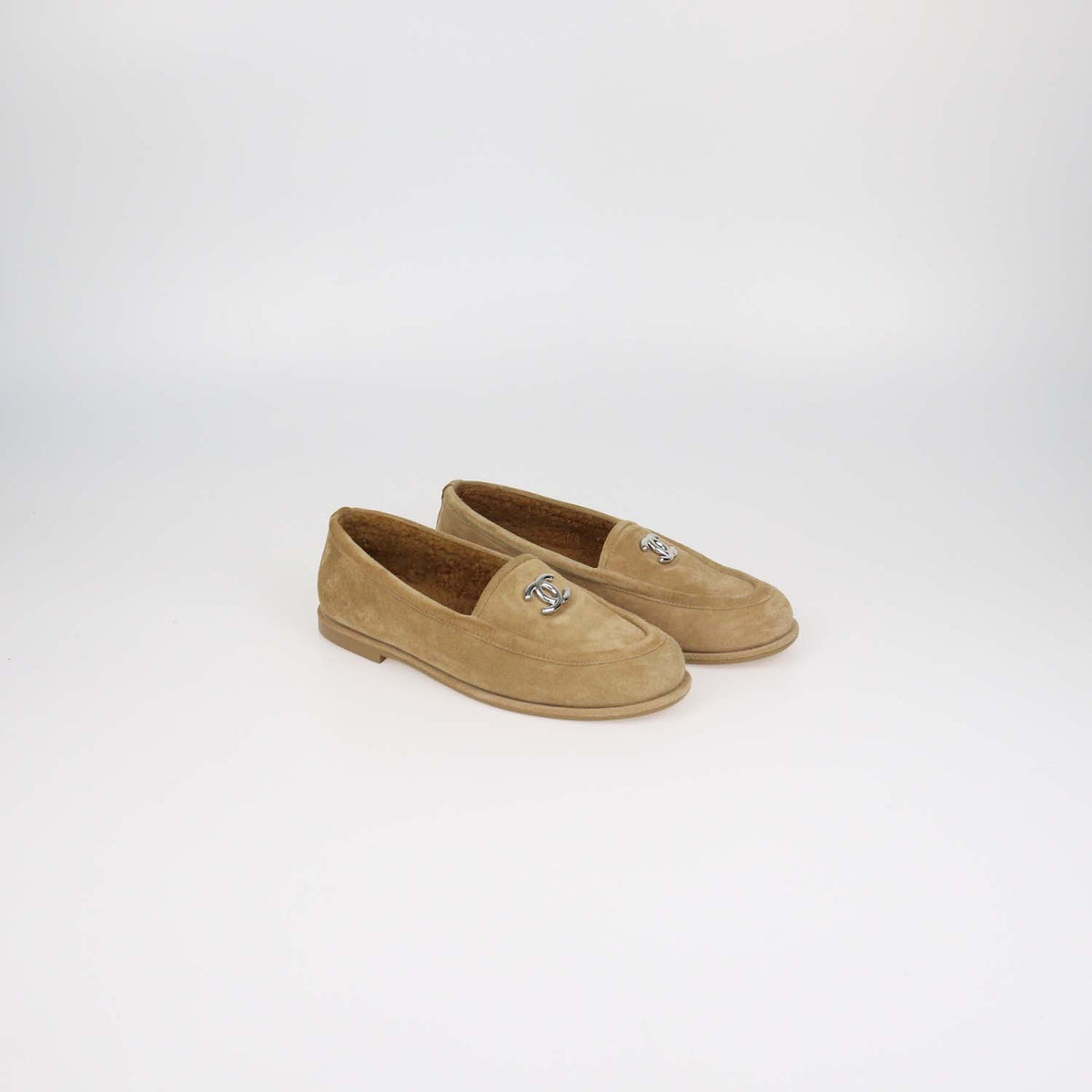 Chanel Tan Suede and Shearling Lined CC Logo Loafers