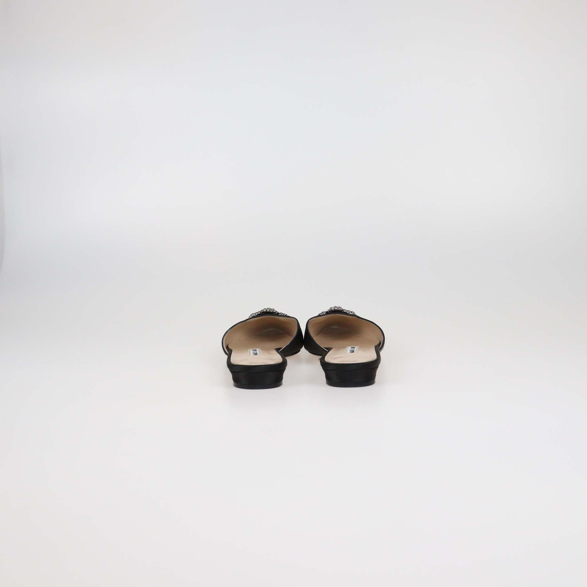 Manolo Blahnik Black Satin Hangisi Crystal Embellished Flat Mules