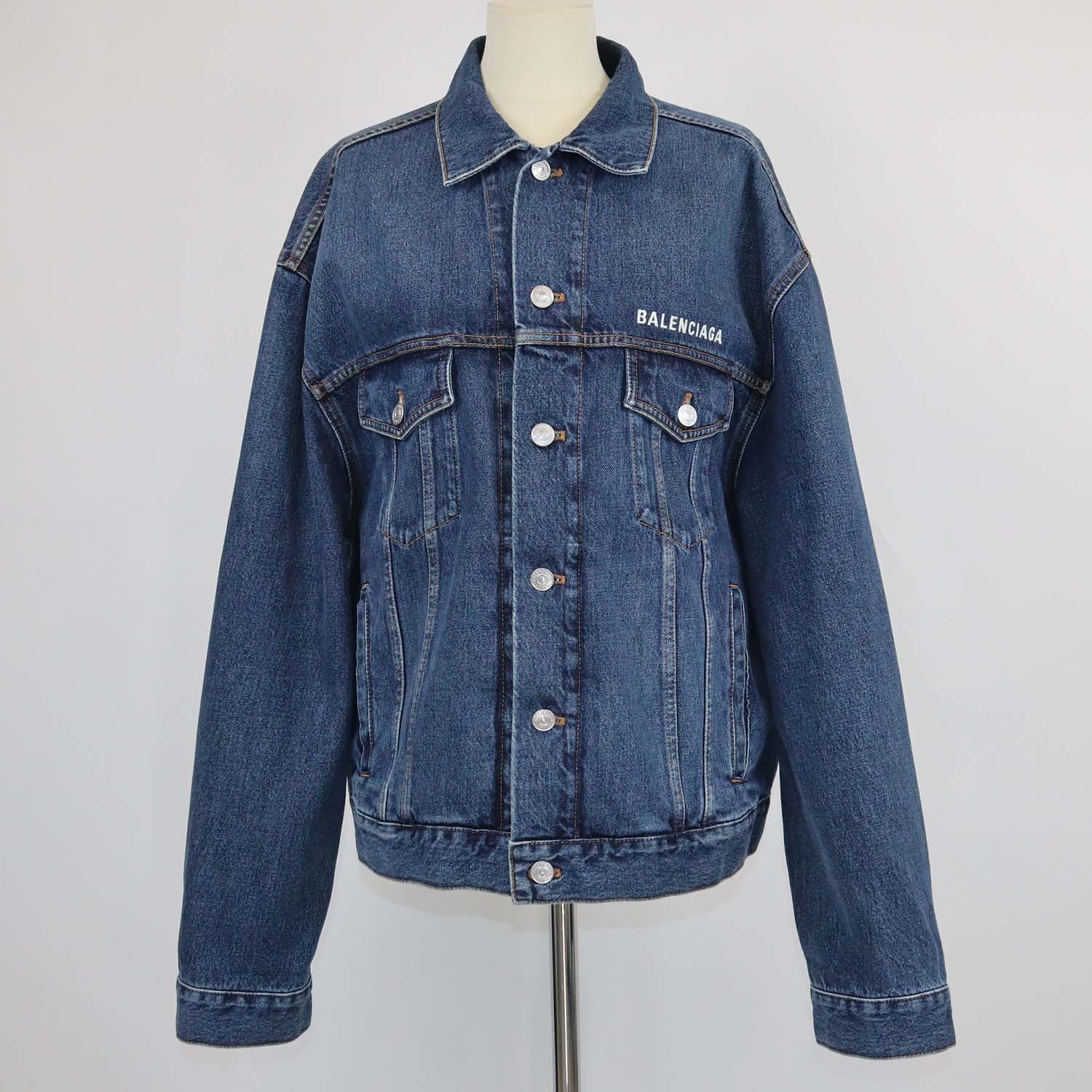 Balenciaga Dark Blue Denim Logo Embroidered Oversized Jacket