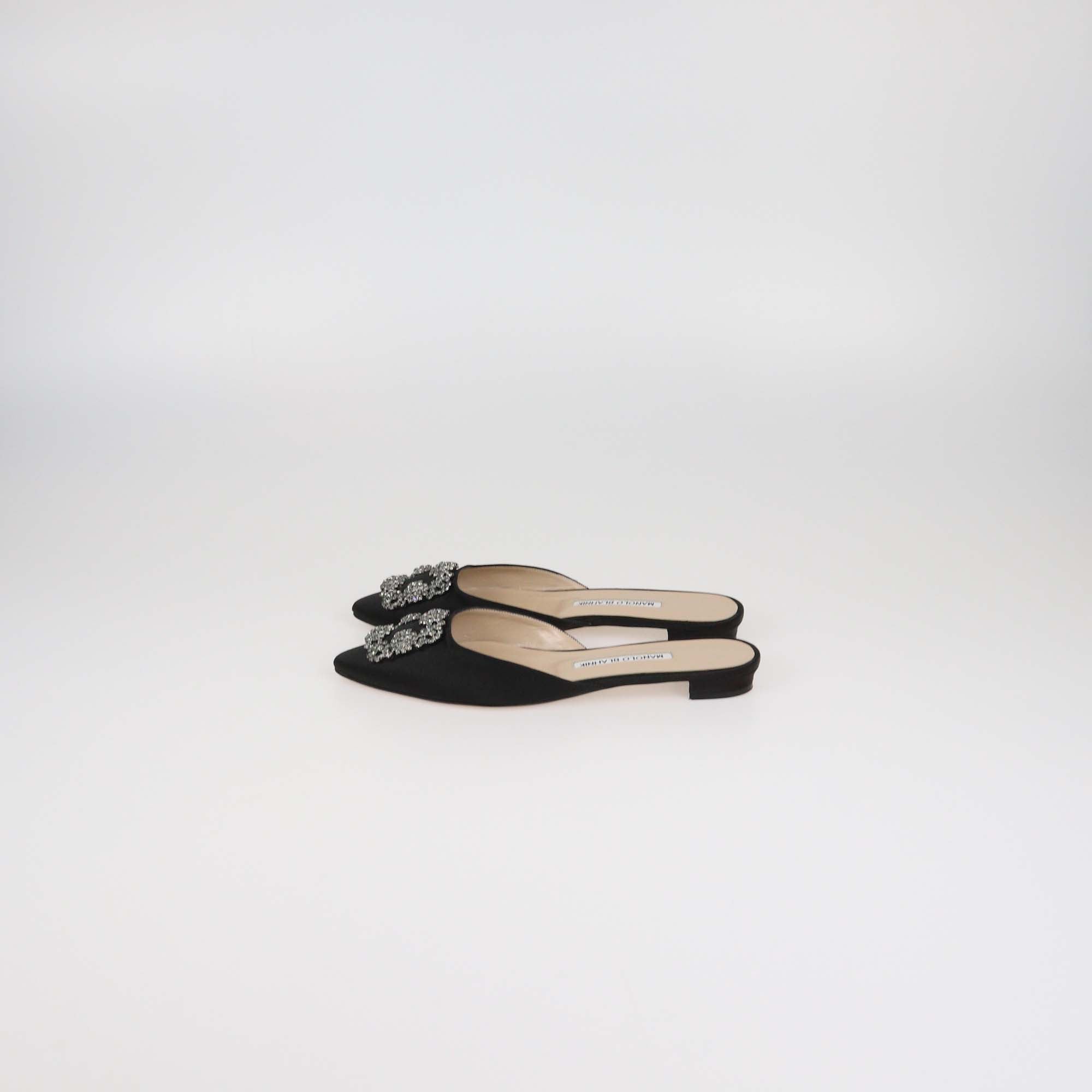 Manolo Blahnik Black Satin Hangisi Crystal Embellished Flat Mules