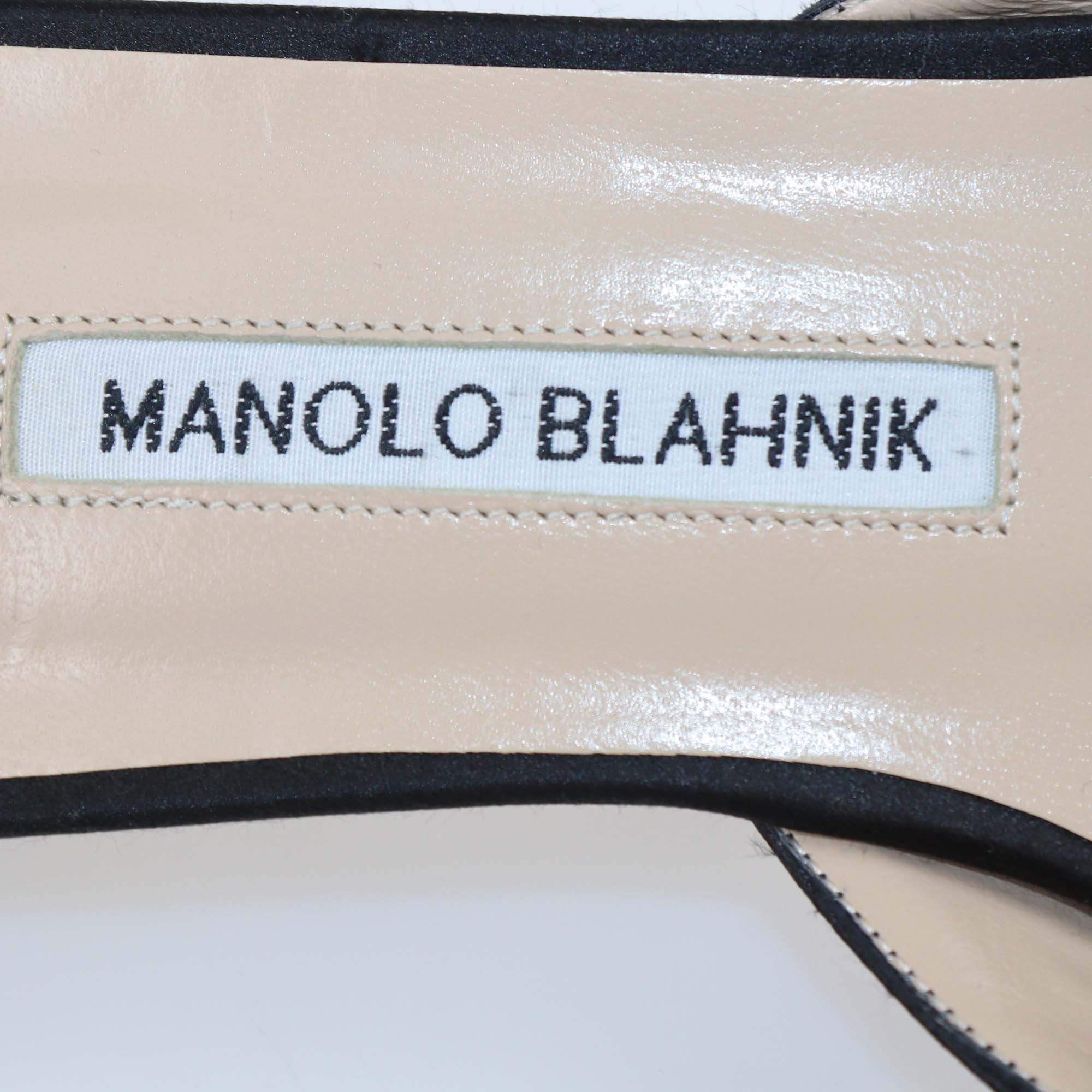 Manolo Blahnik Black Satin Hangisi Crystal Embellished Flat Mules