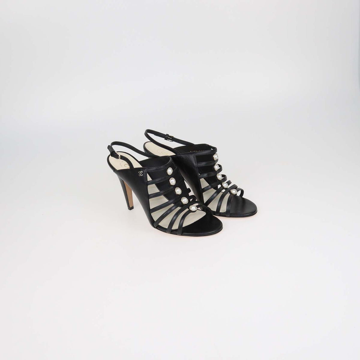 Chanel Black Leather Pearl Embellished Caged Slingback Sandals