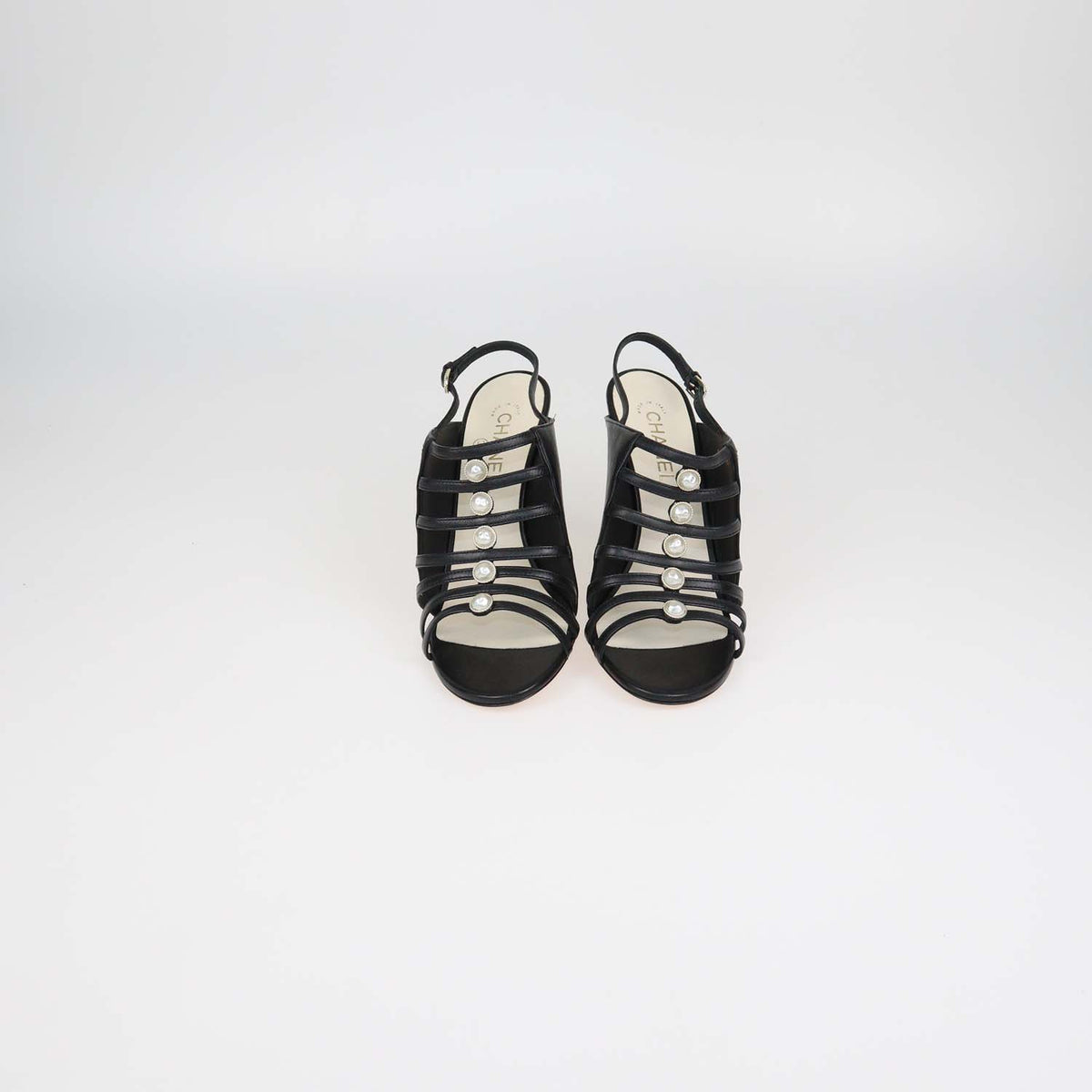 Chanel Black Leather Pearl Embellished Caged Slingback Sandals