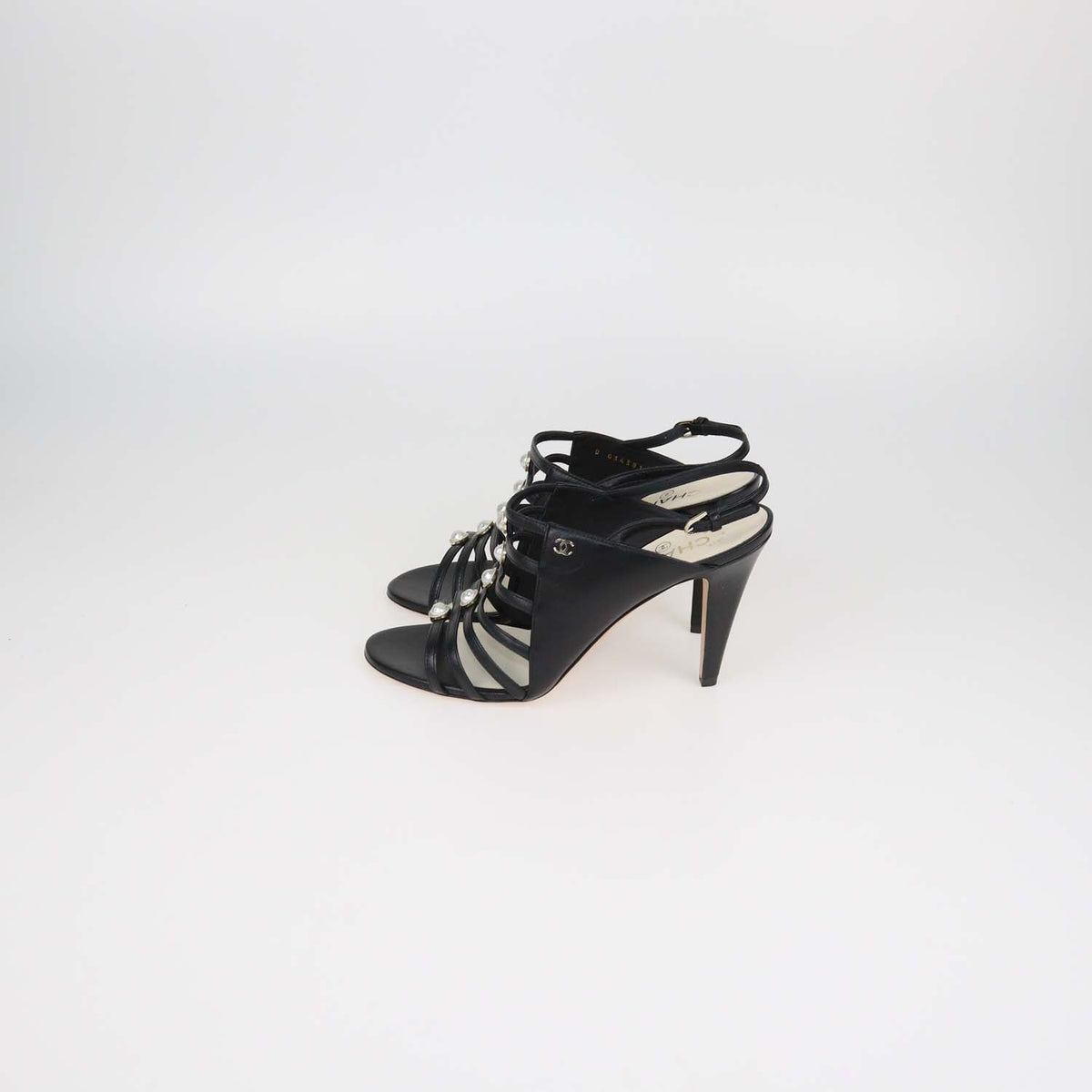 Chanel Black Leather Pearl Embellished Caged Slingback Sandals