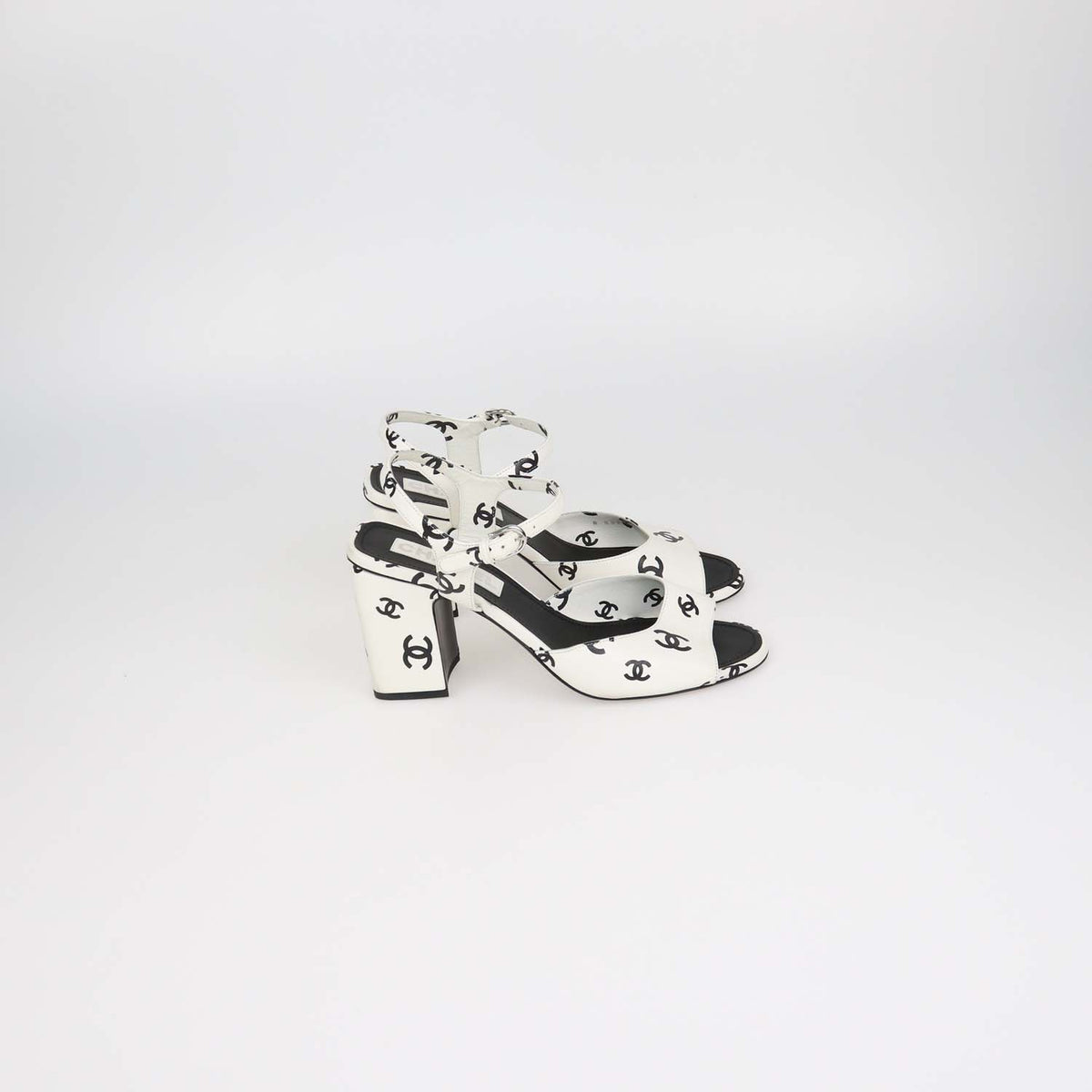 Chanel White,Black Leather CC Print Block Heel Ankle Strap Sandals