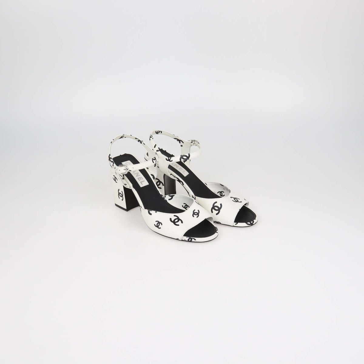 Chanel White,Black Leather CC Print Block Heel Ankle Strap Sandals