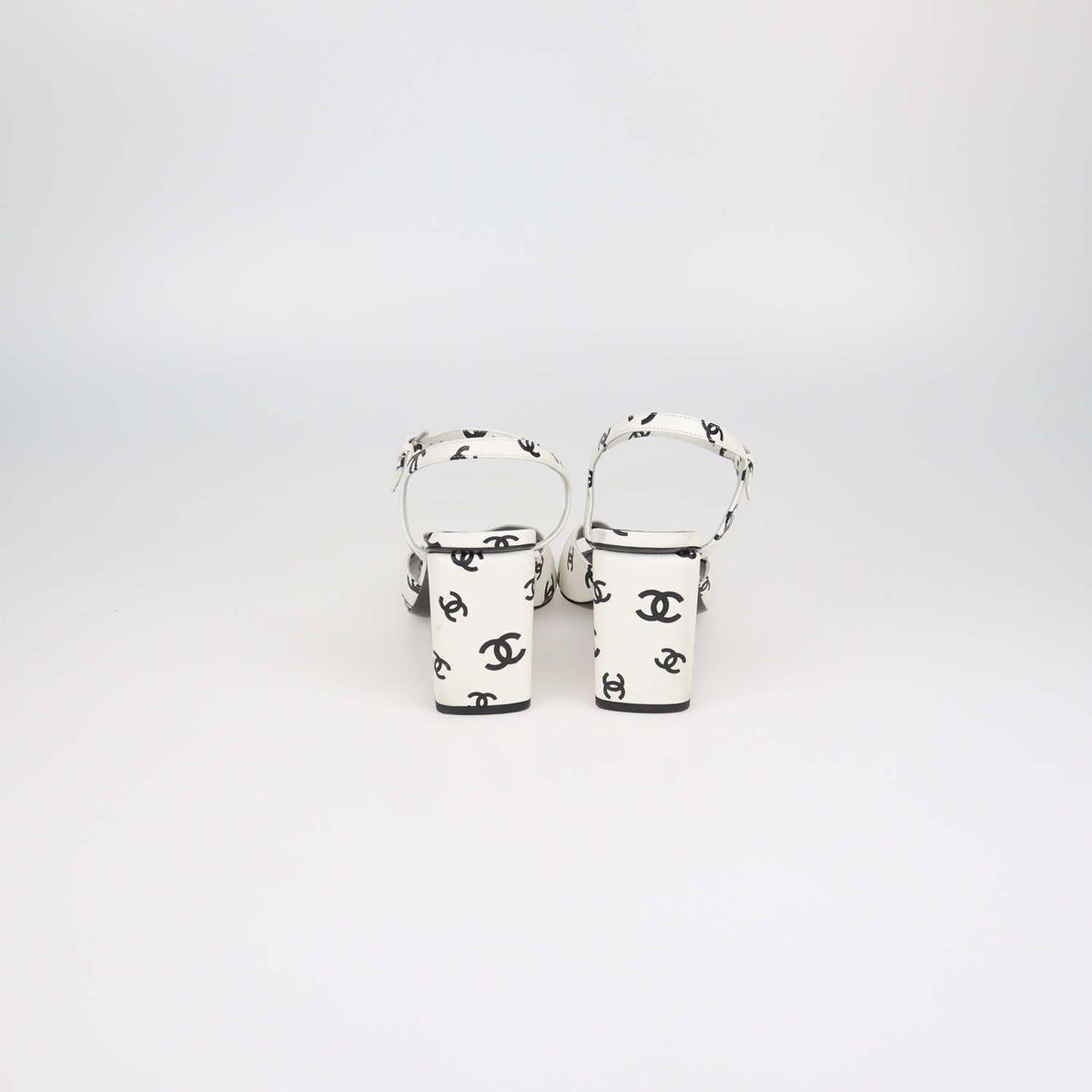 Chanel White,Black Leather CC Print Block Heel Ankle Strap Sandals
