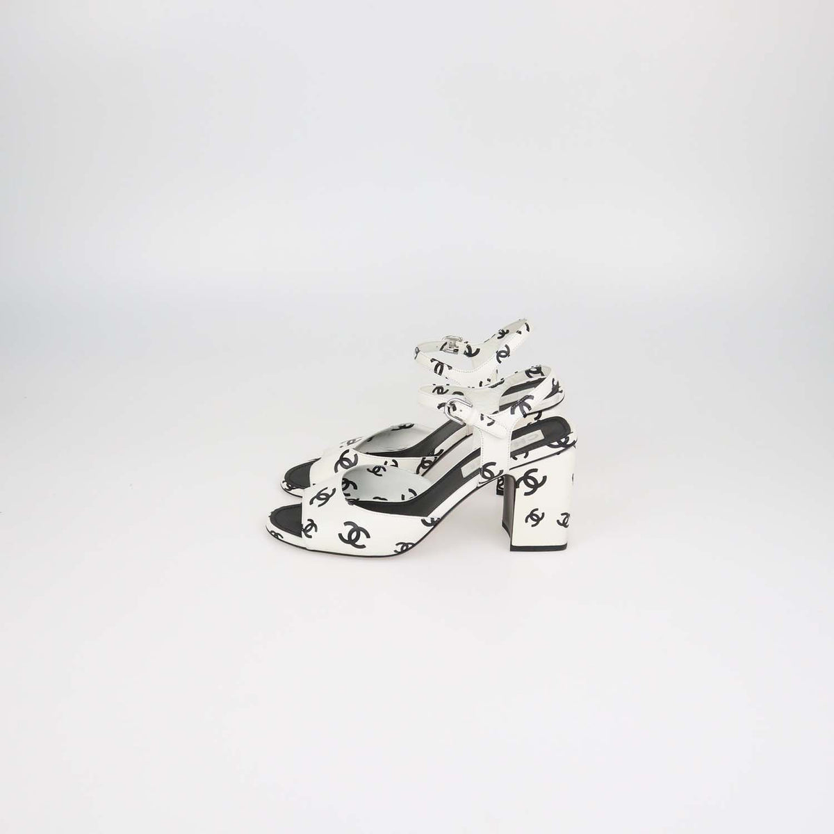 Chanel White,Black Leather CC Print Block Heel Ankle Strap Sandals