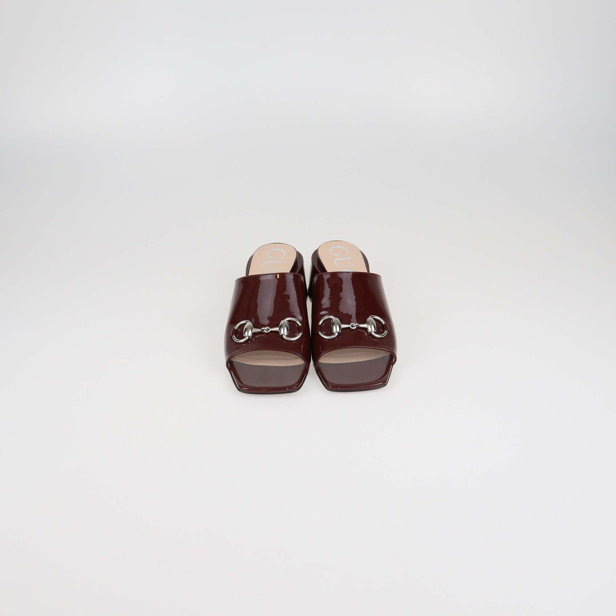 Gucci Burgundy Patent Leather Horsebit Accent Slide Sandals