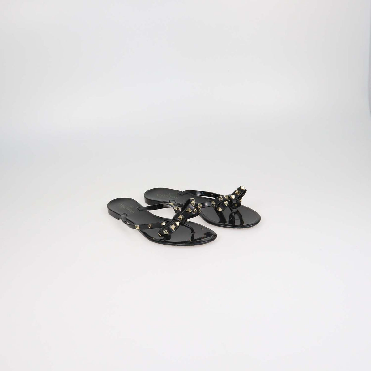 Valentino Black Rubber Rockstud Bow Thong Flats