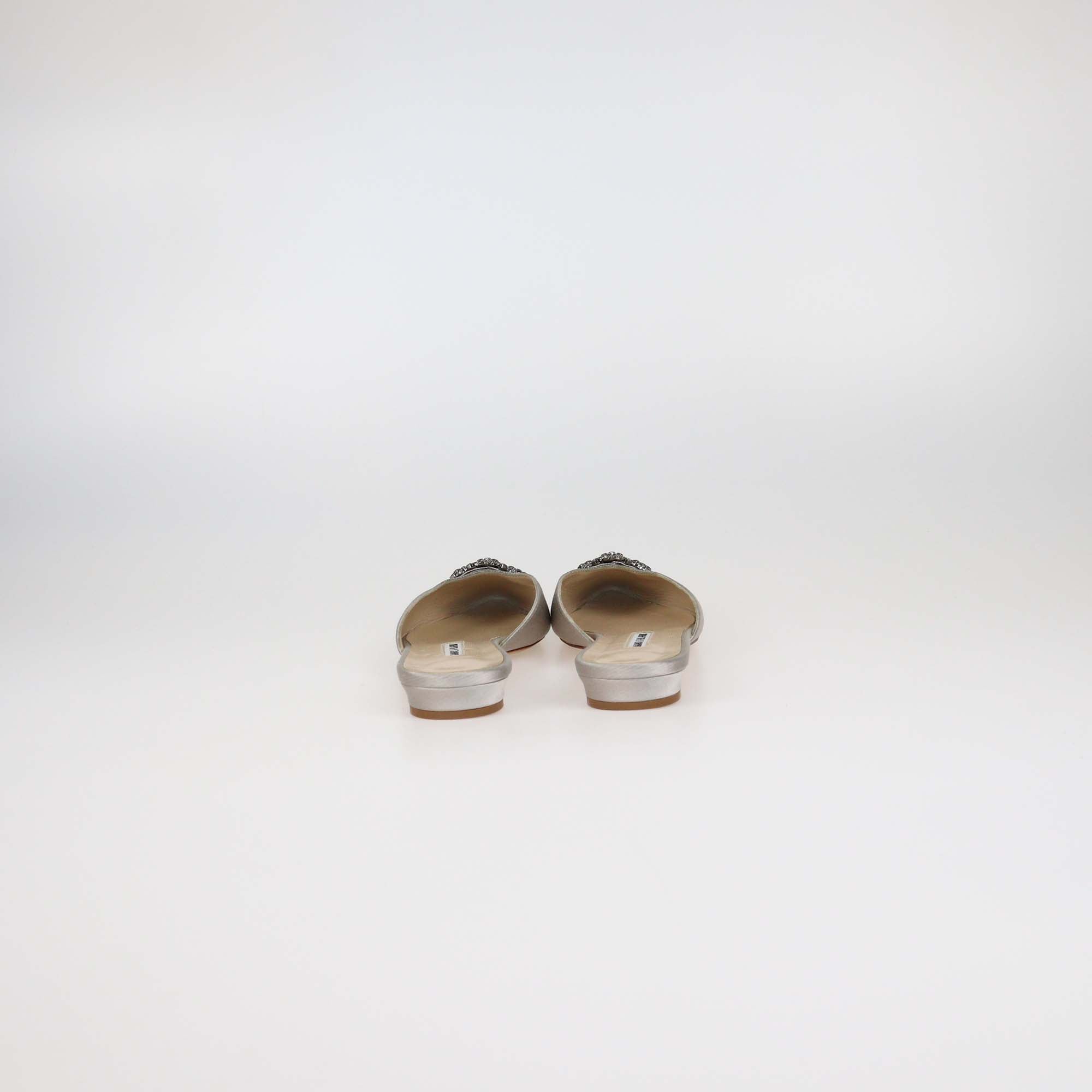 Manolo Blahnik Grey Satin Hangisi Crystal Embellished Flat Mules