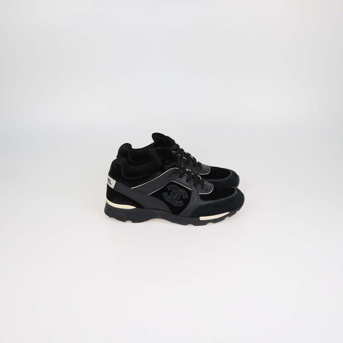 Chanel Black Velvet and Leather CC Logo Lace Up Sneakers