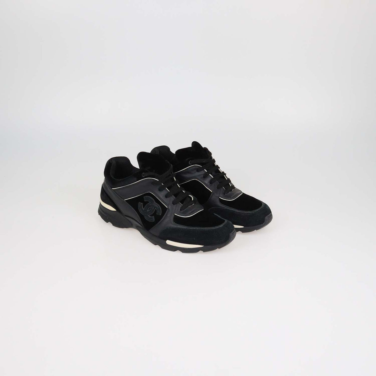 Chanel Black Velvet and Leather CC Logo Lace Up Sneakers