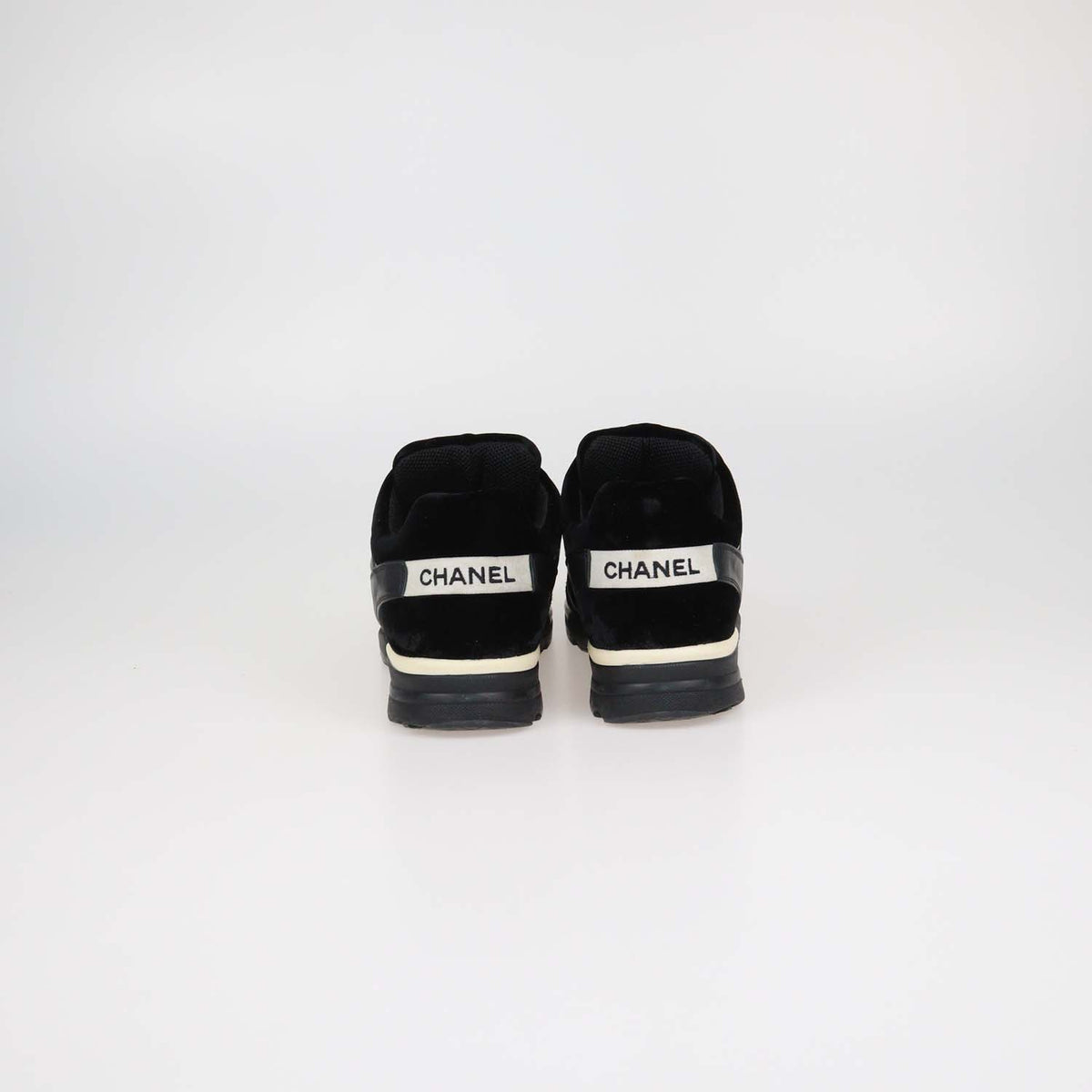 Chanel Black Velvet and Leather CC Logo Lace Up Sneakers