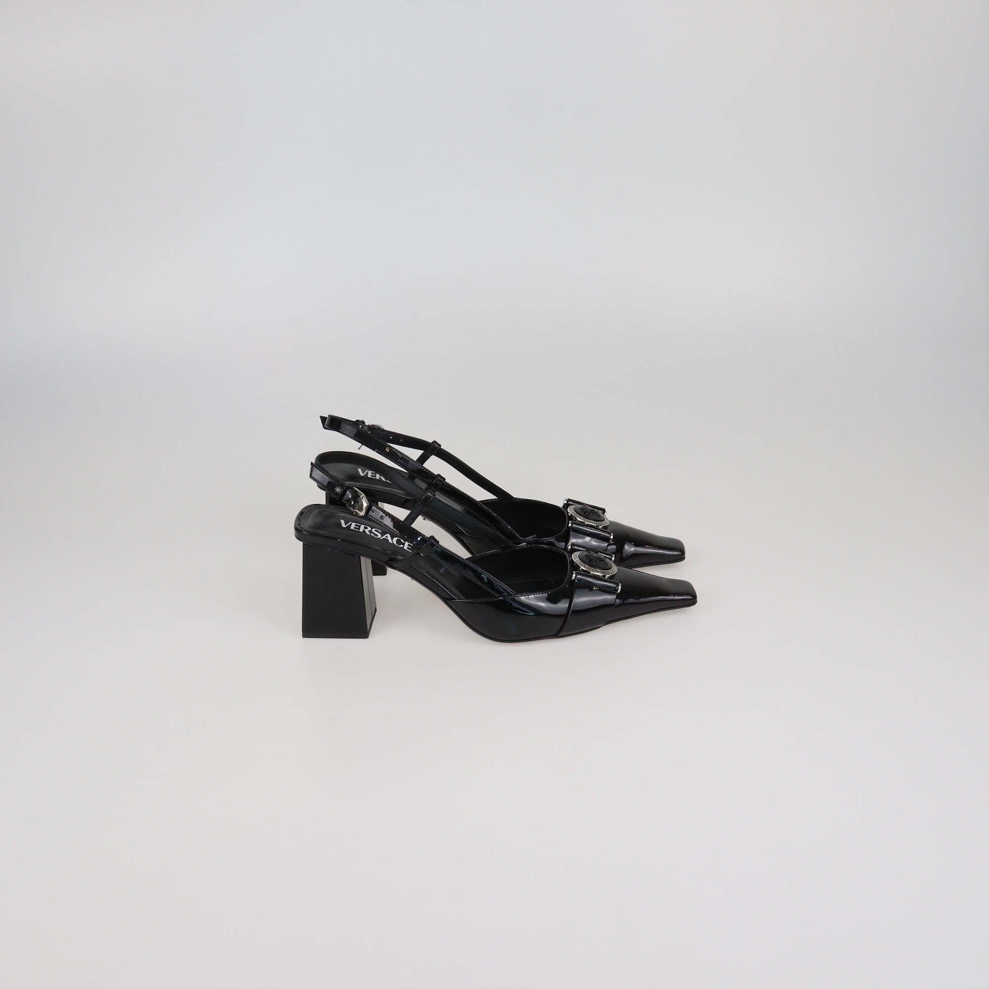 Versace Black Patent Leather Medusa Block Heel Slingback Pumps