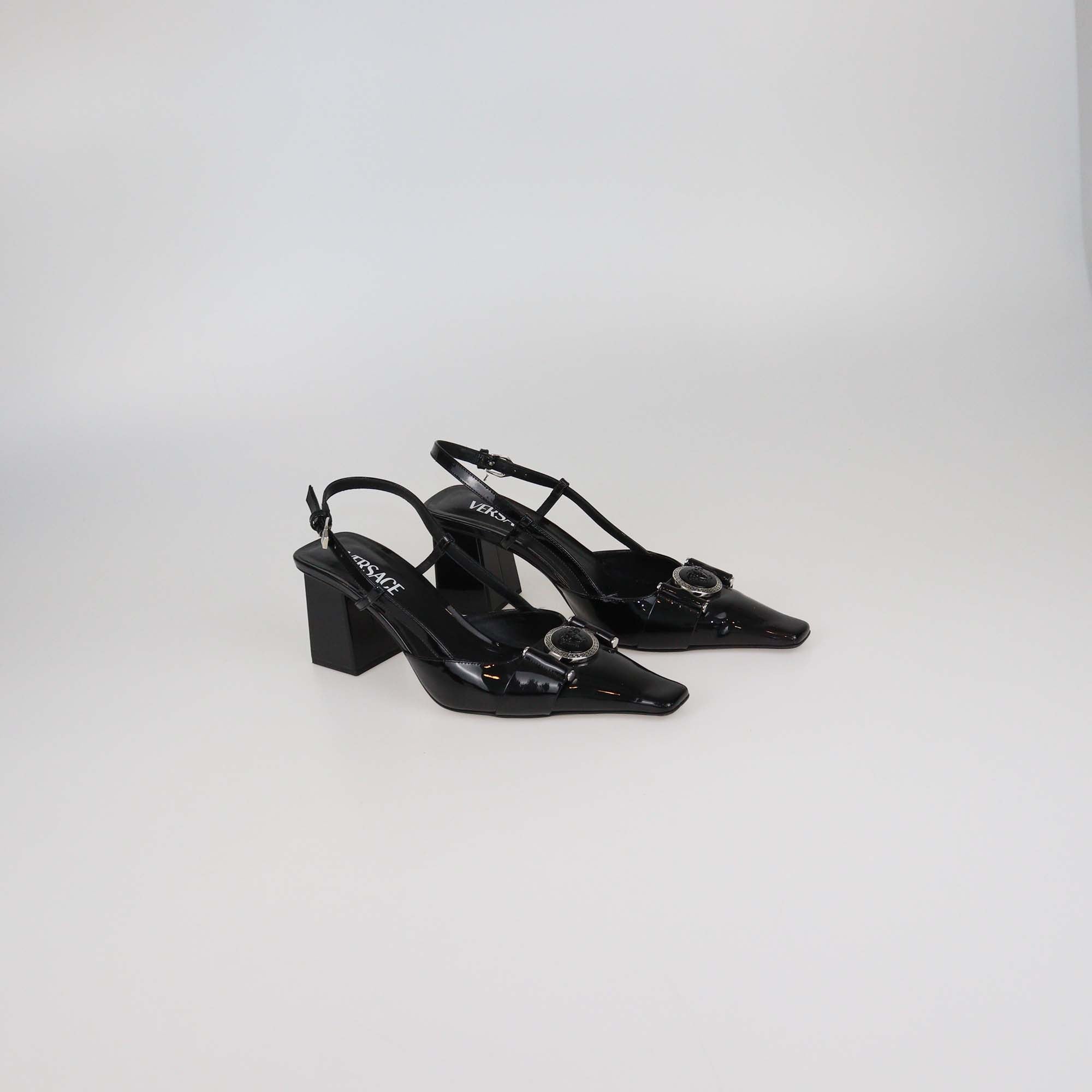 Versace Black Patent Leather Medusa Block Heel Slingback Pumps