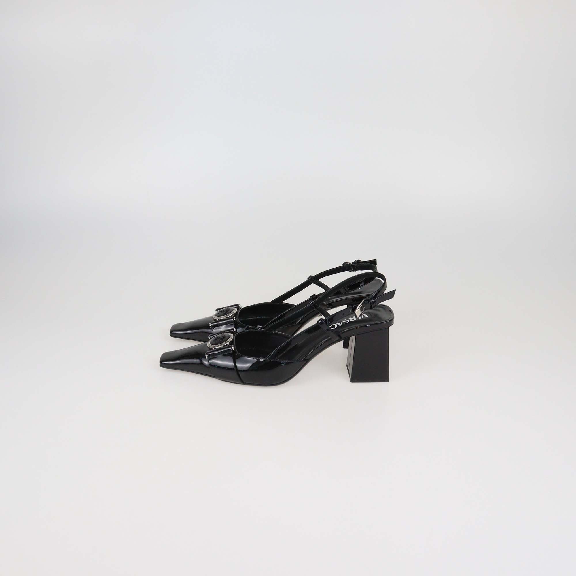 Versace Black Patent Leather Medusa Block Heel Slingback Pumps