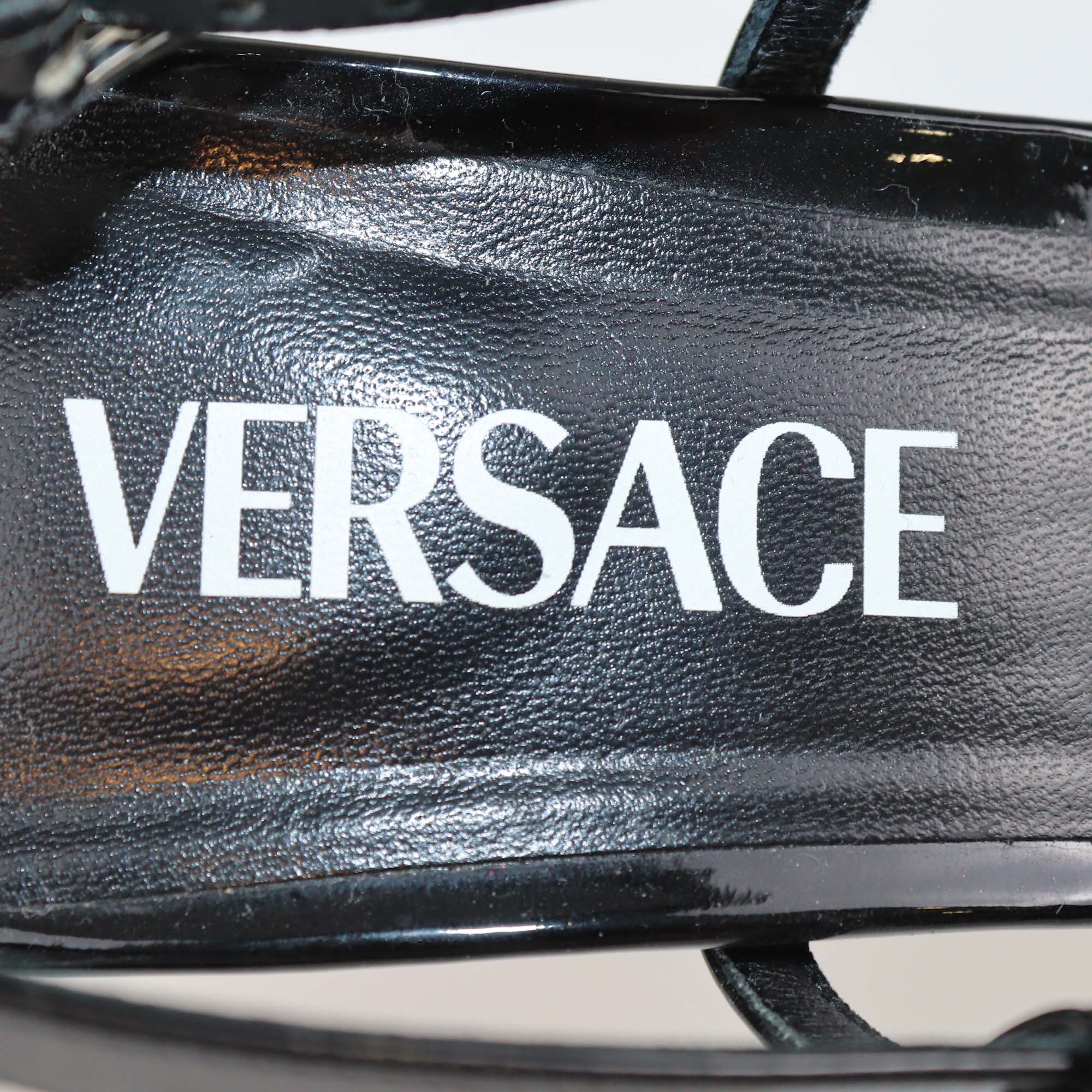 Versace Black Patent Leather Medusa Block Heel Slingback Pumps