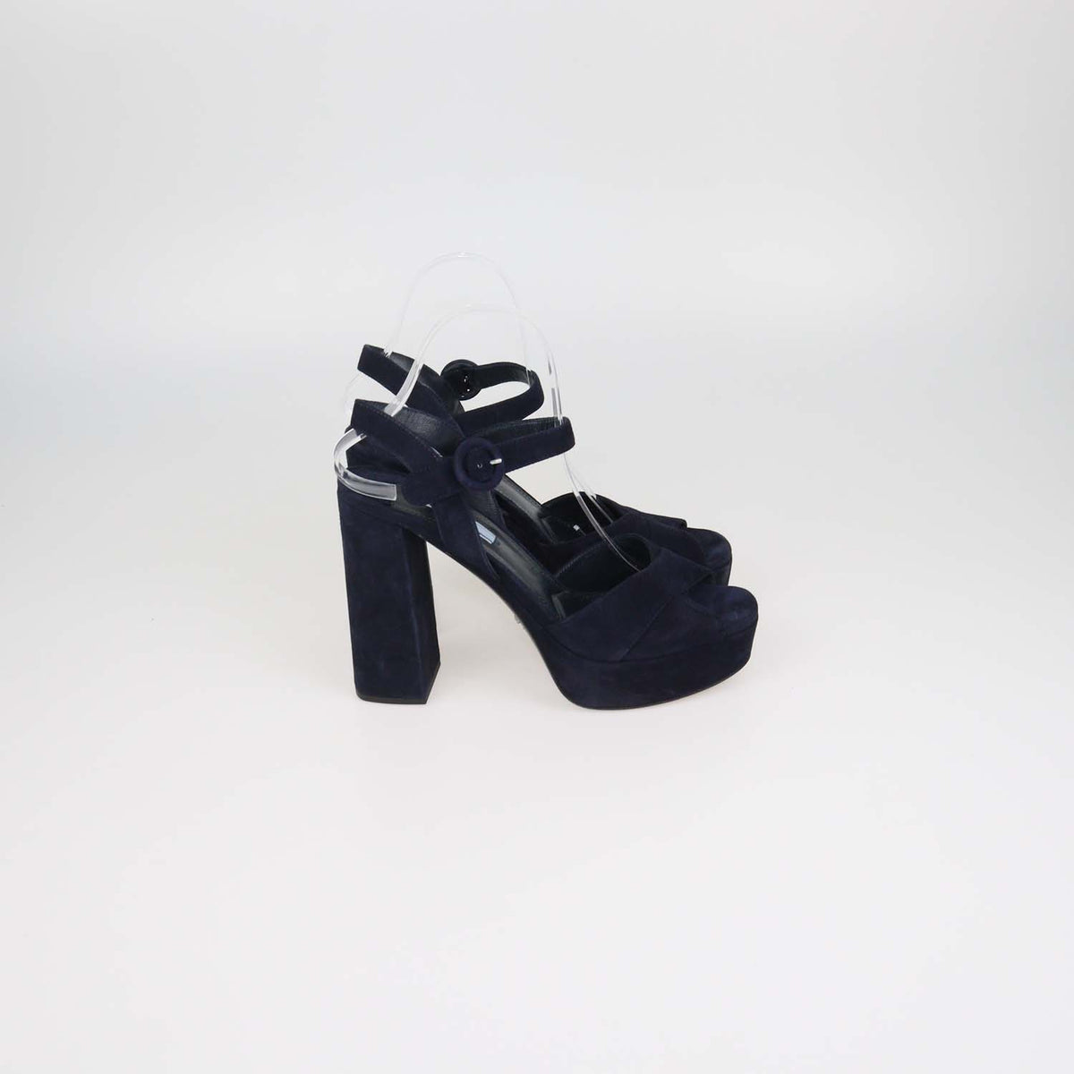 Prada Navy Blue Suede Ankle Strap Platform Sandals
