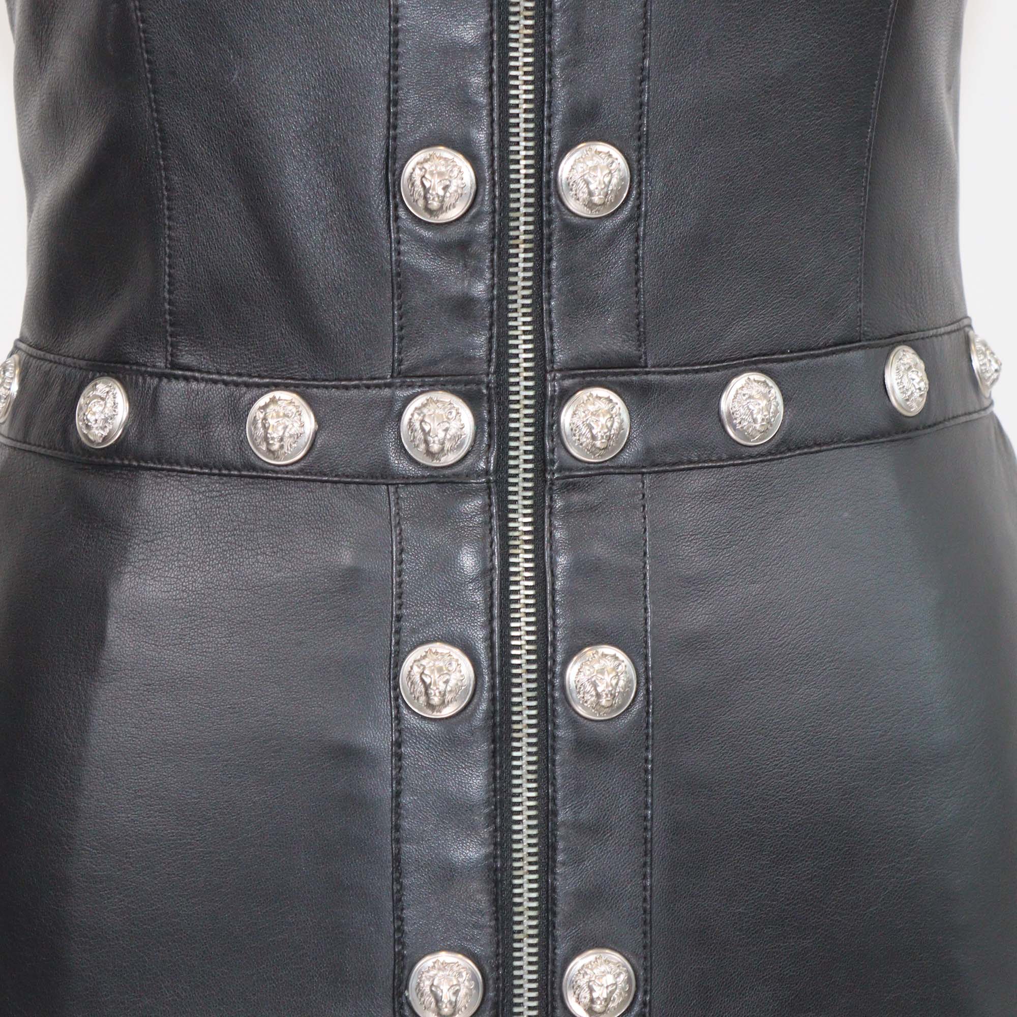 Versus Versace Black Leather Round Neck Sleeveless Studded A Line Dress