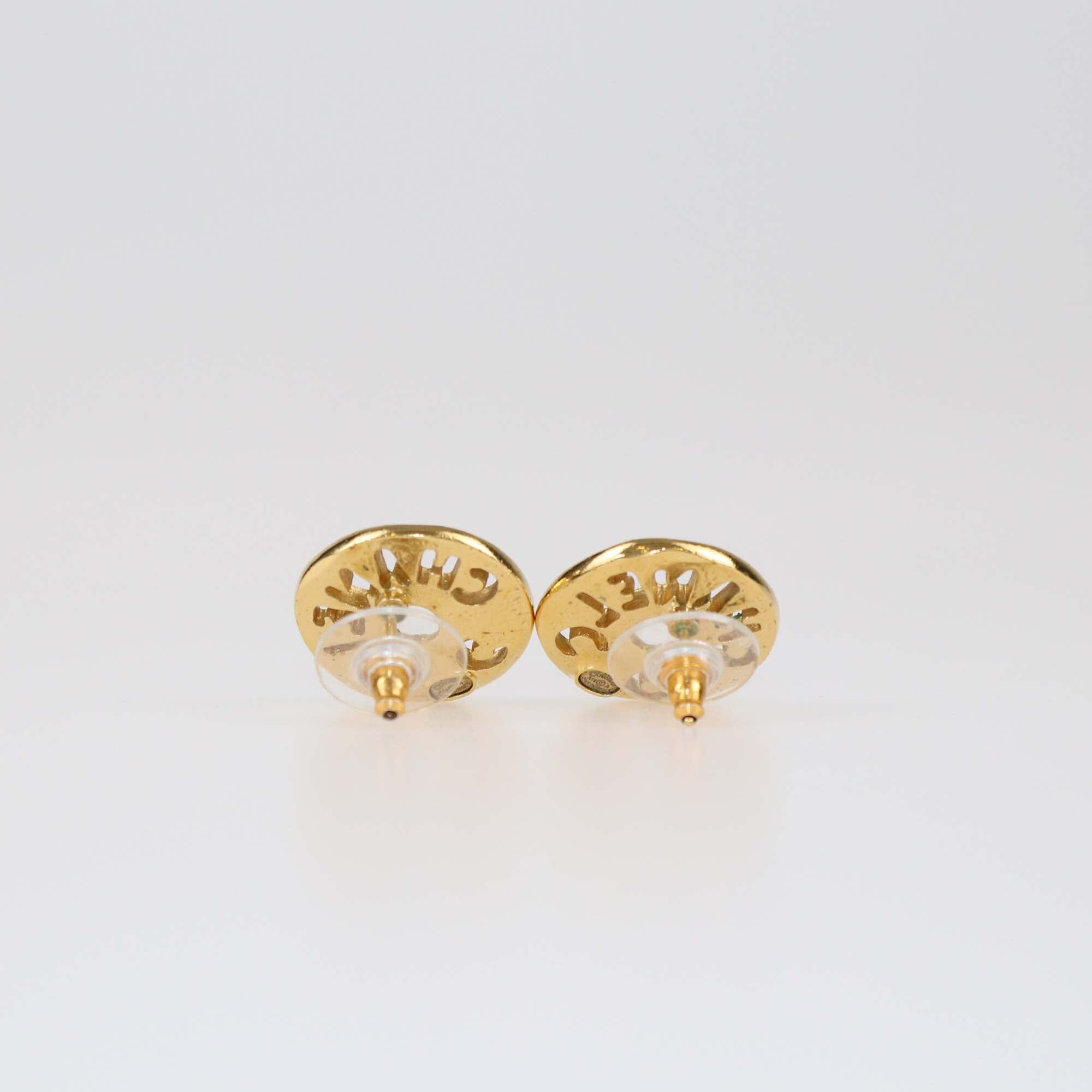 Chanel Gold Tone Metal Faux Pearl Crystal Coco Round Earrings Womens Chanel