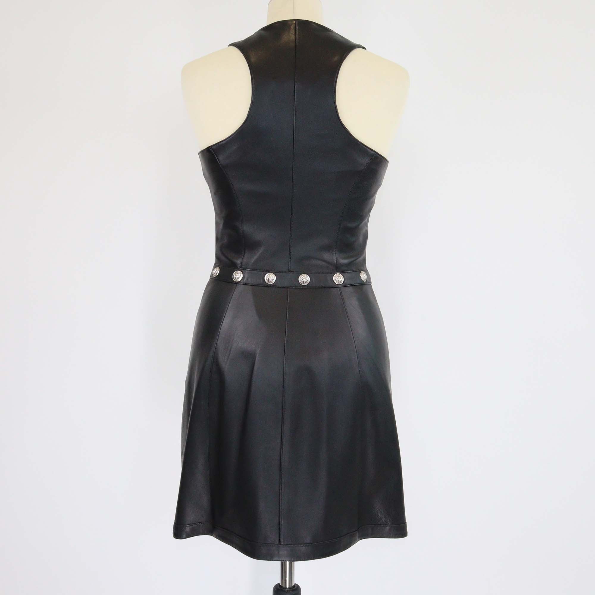 Versus Versace Black Leather Round Neck Sleeveless Studded A Line Dress