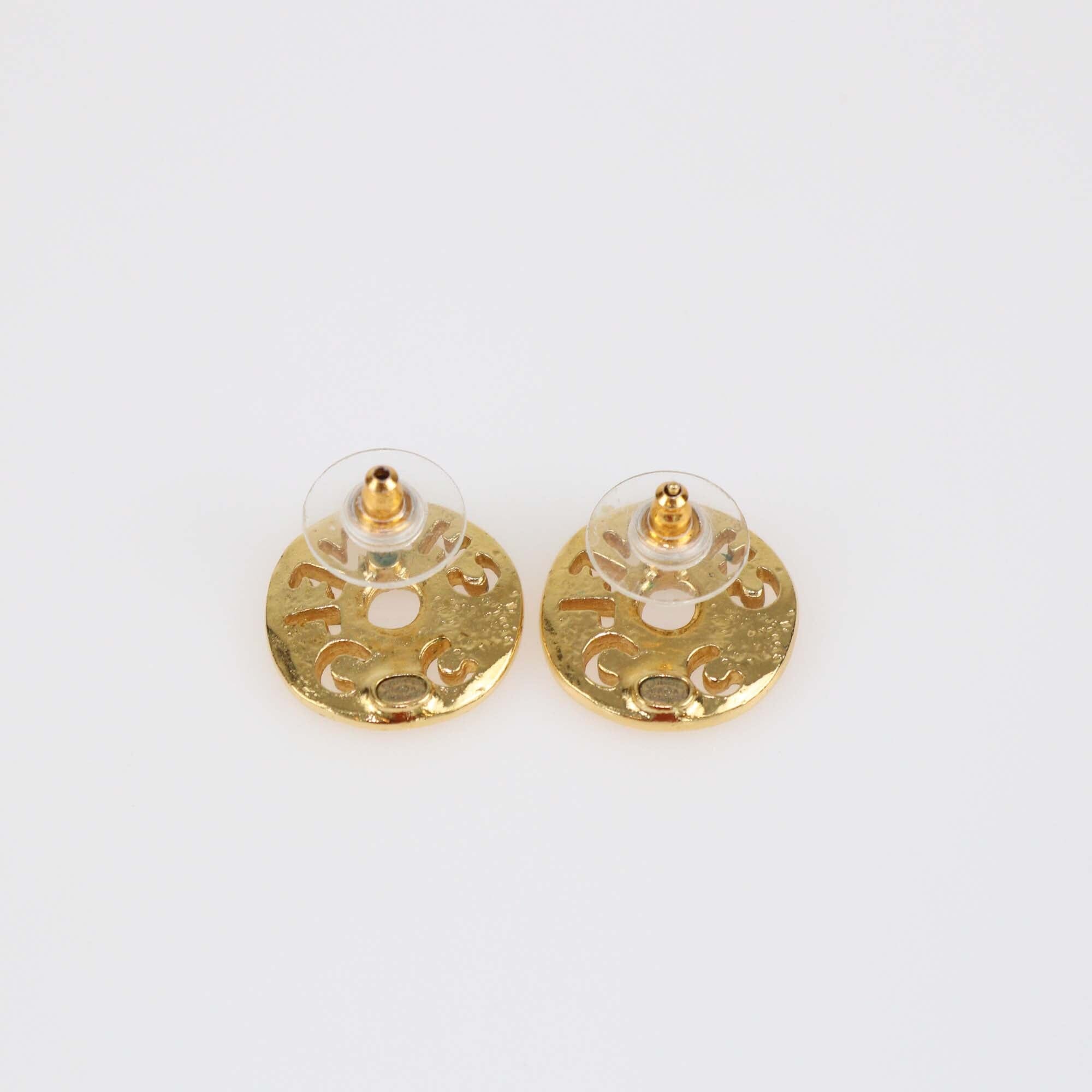 Chanel Gold Tone Metal Faux Pearl Crystal Coco Round Earrings Womens Chanel