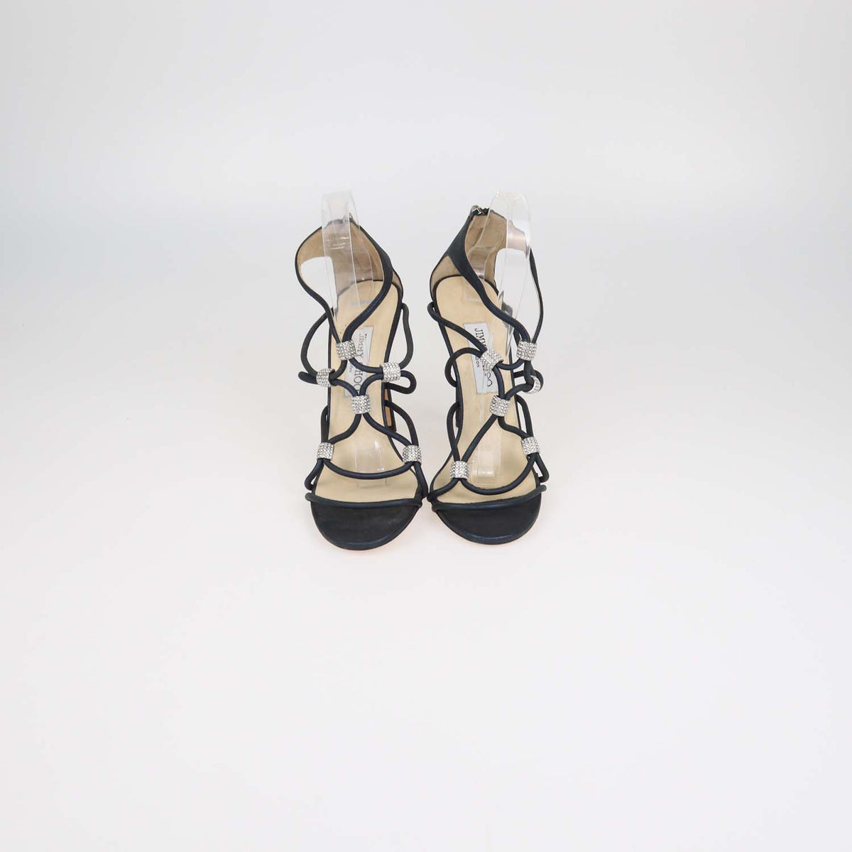 Jimmy Choo Navy Blue Shimmering Leather Tetrus Crystal Embellished Strappy Sandals