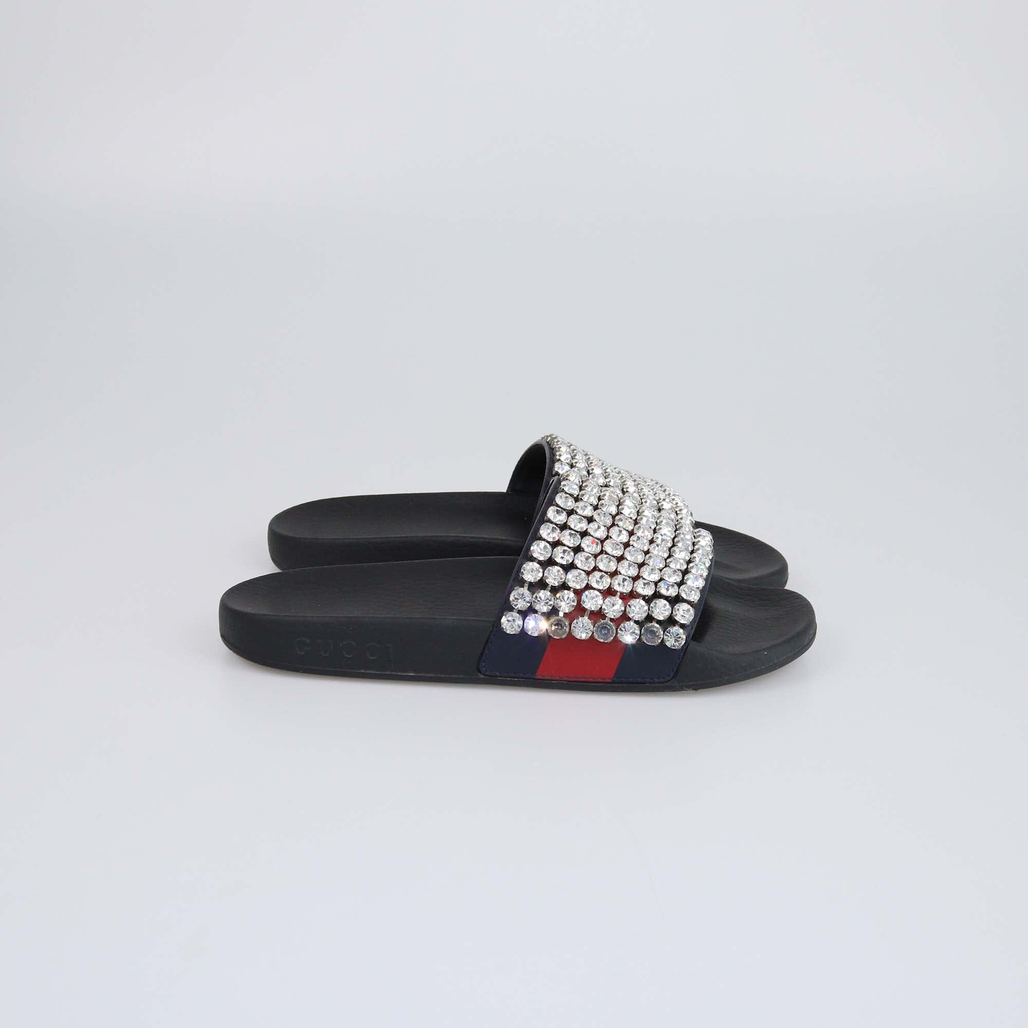 Gucci Navy Blue/Red Web Crystal Embellished Slides Womens Gucci