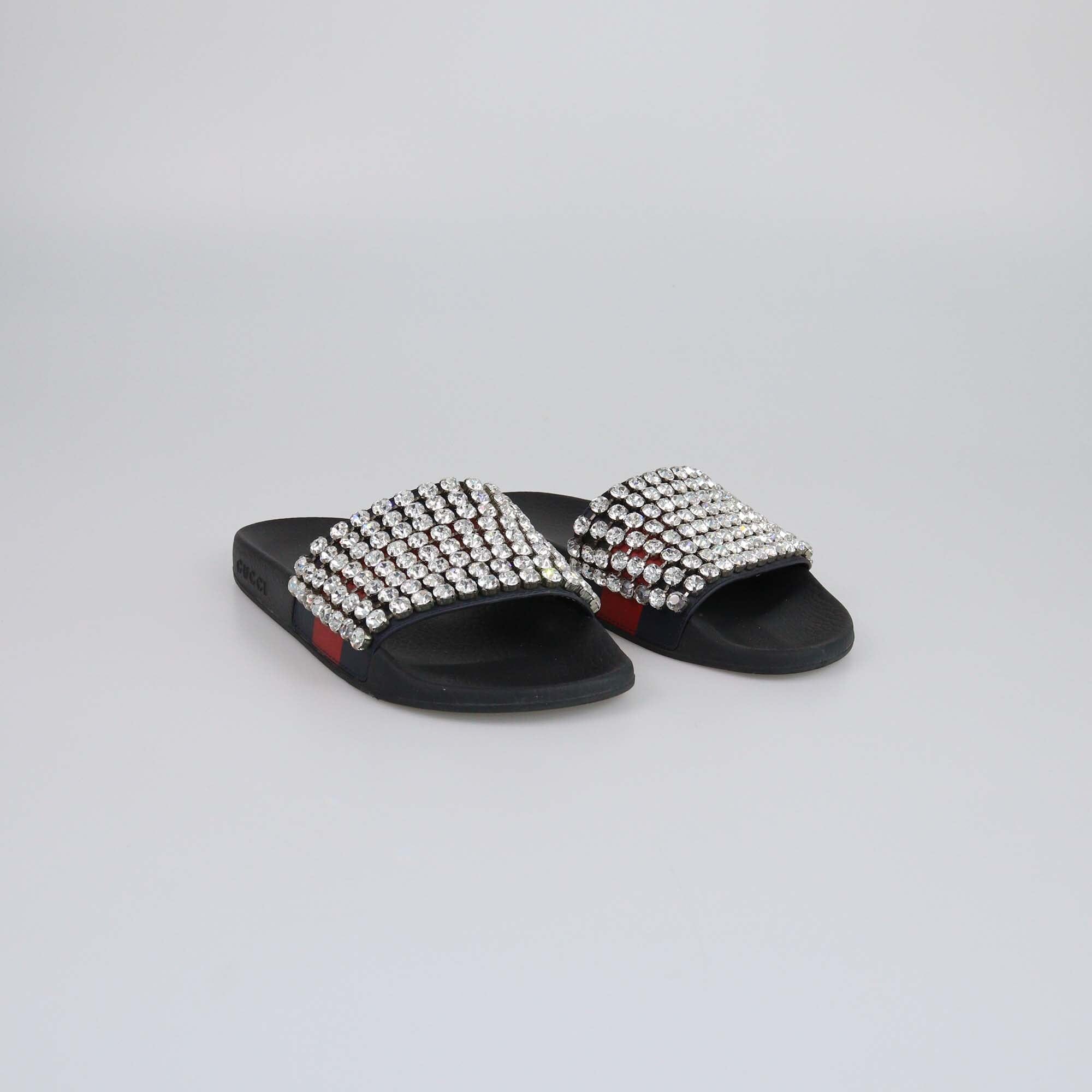 Gucci Navy Blue/Red Web Crystal Embellished Slides Womens Gucci