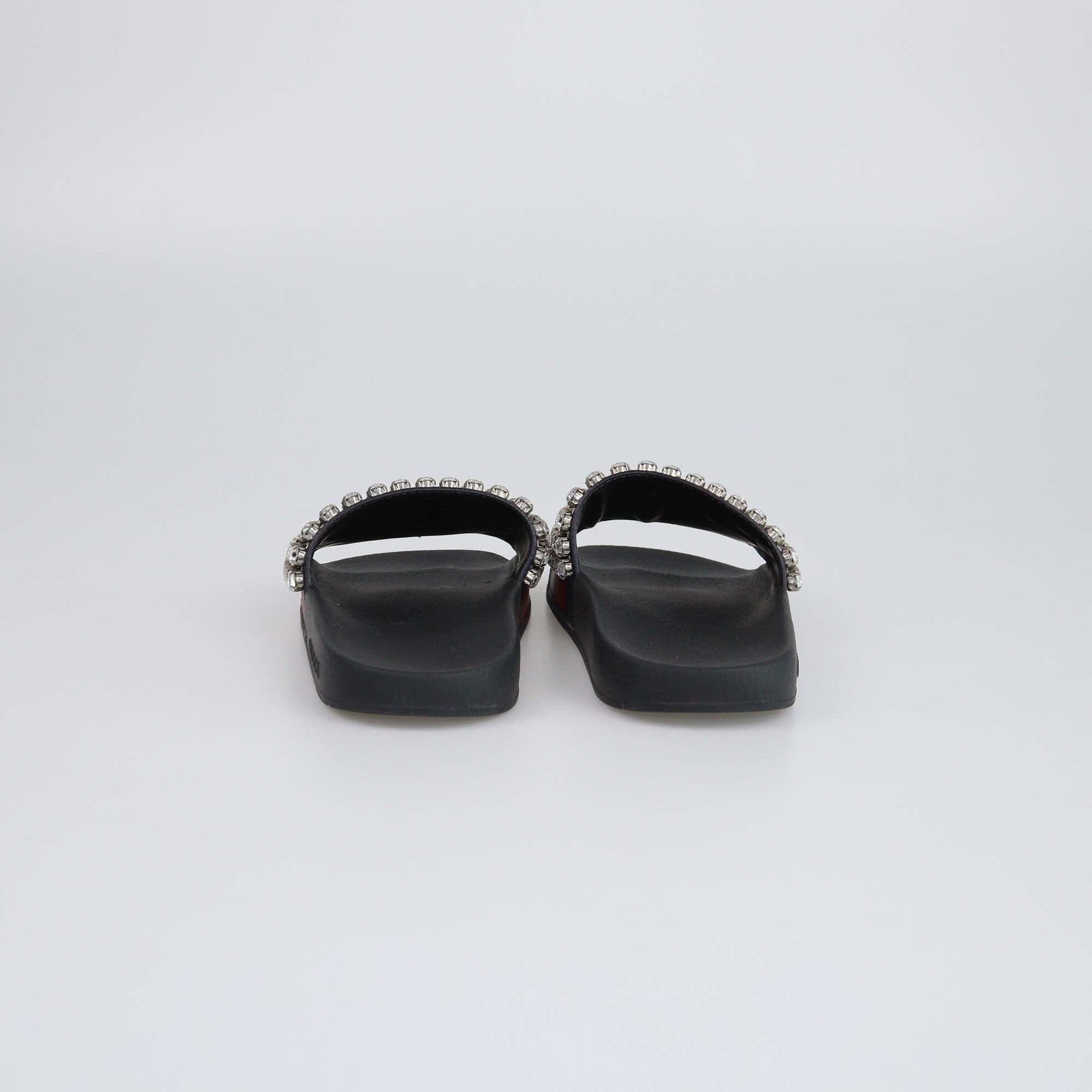 Gucci Navy Blue/Red Web Crystal Embellished Slides Womens Gucci