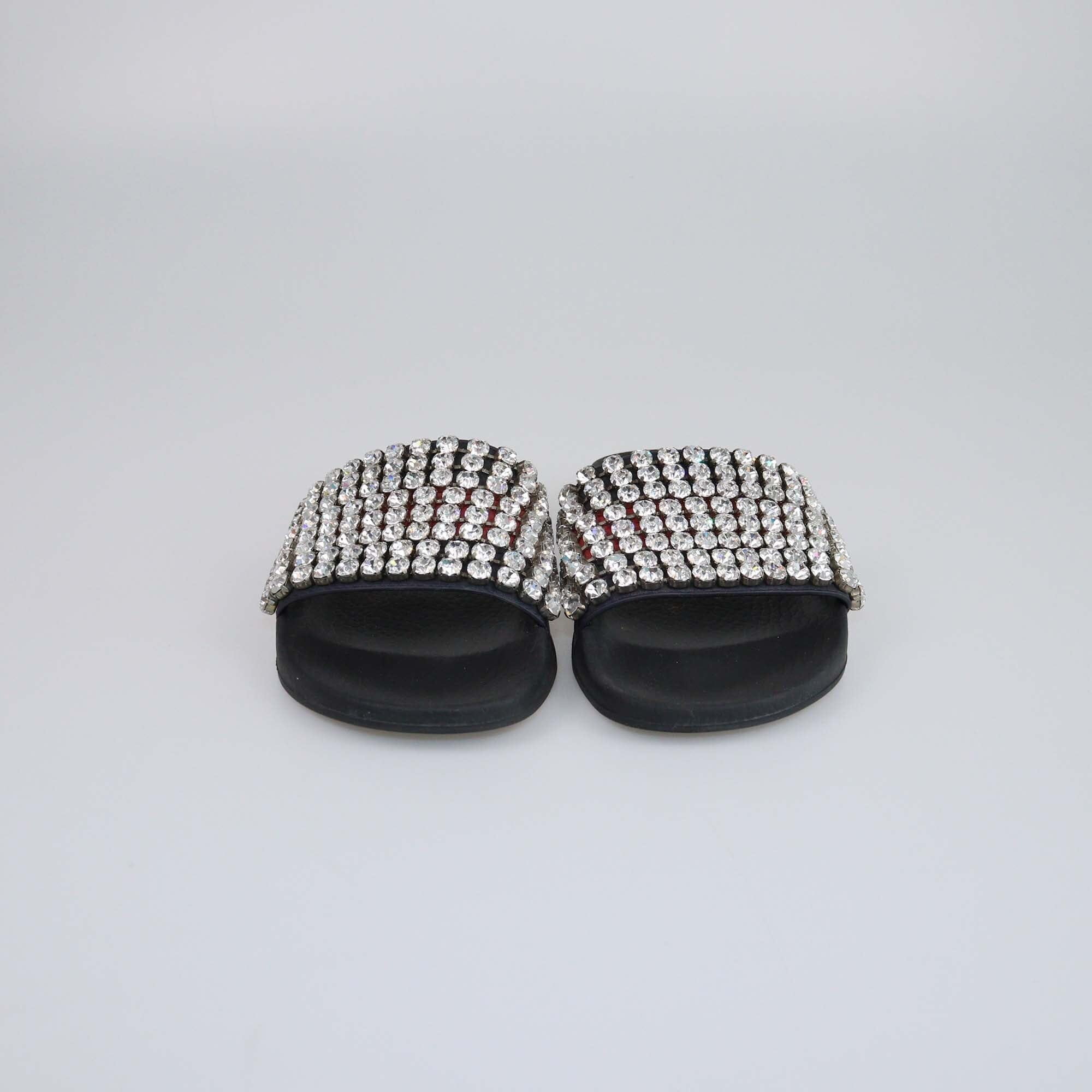 Gucci Navy Blue/Red Web Crystal Embellished Slides Womens Gucci