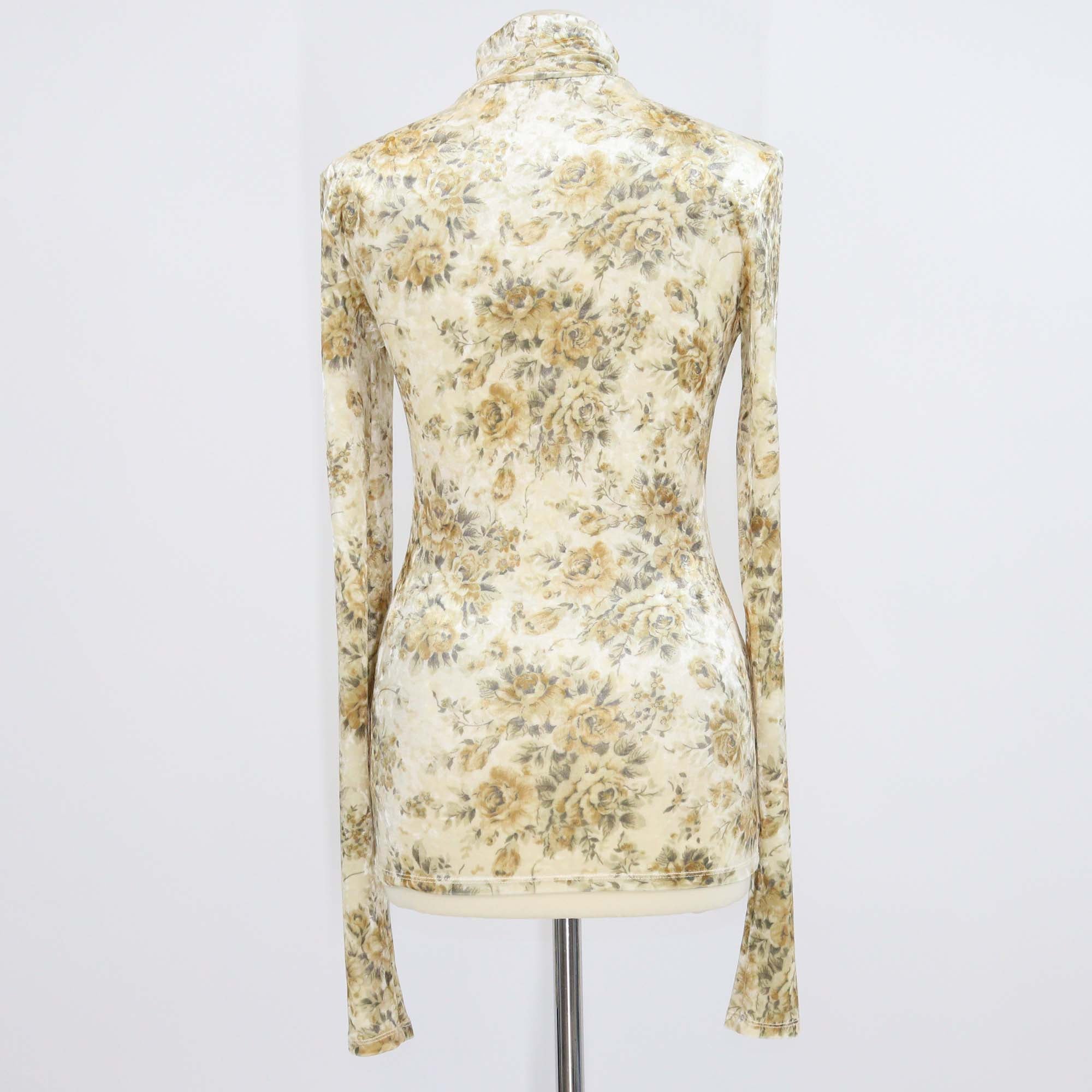 Ganni Perle Beige Floral Print Velour Roll Neck Top