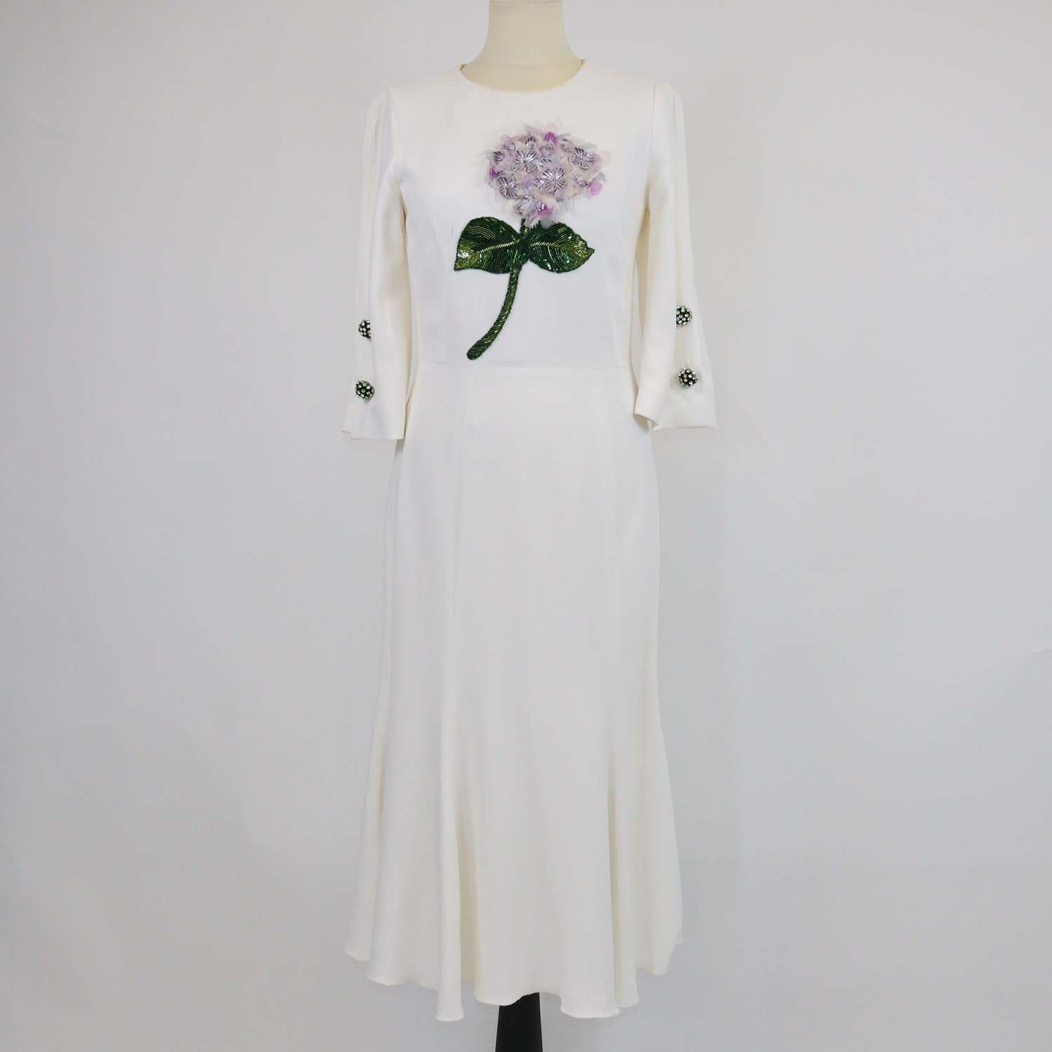 Dolce & Gabbana Off White Blend Viscose Hydrangae Embellished Midi Dress