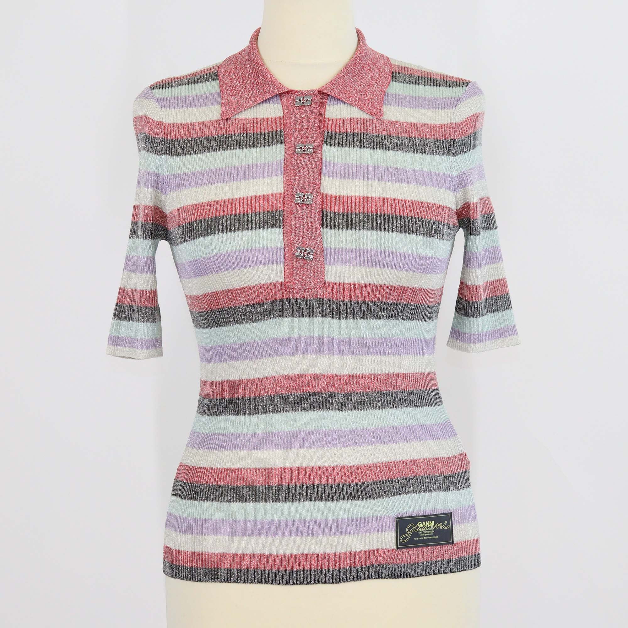 Ganni Multicolor Lurex Striped Knitted Polo Top