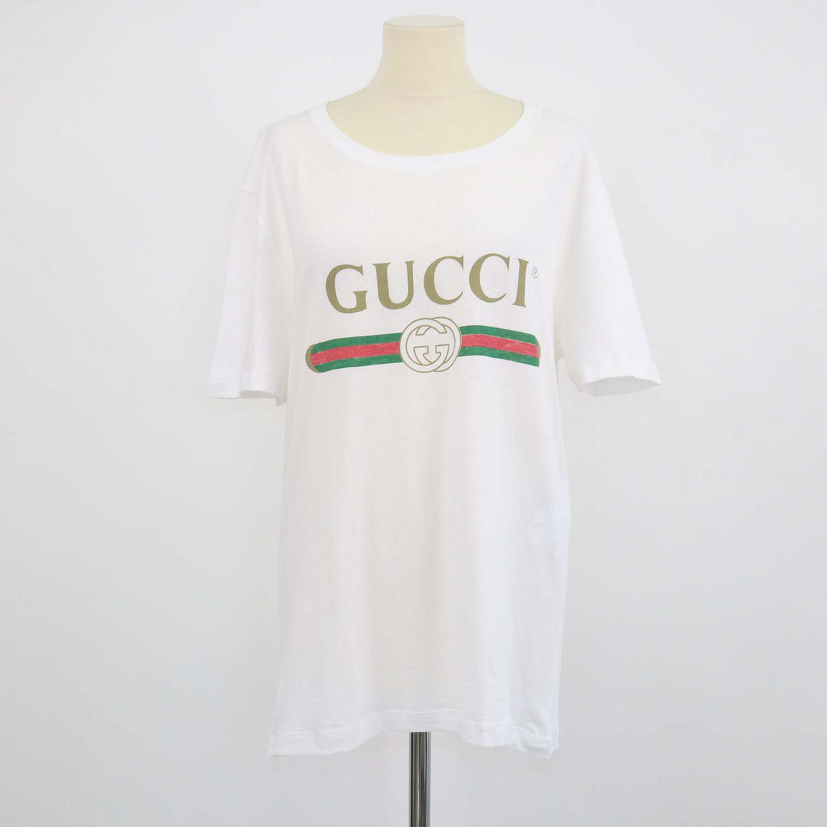 Gucci White Cotton Logo Print Distressed T-Shirt